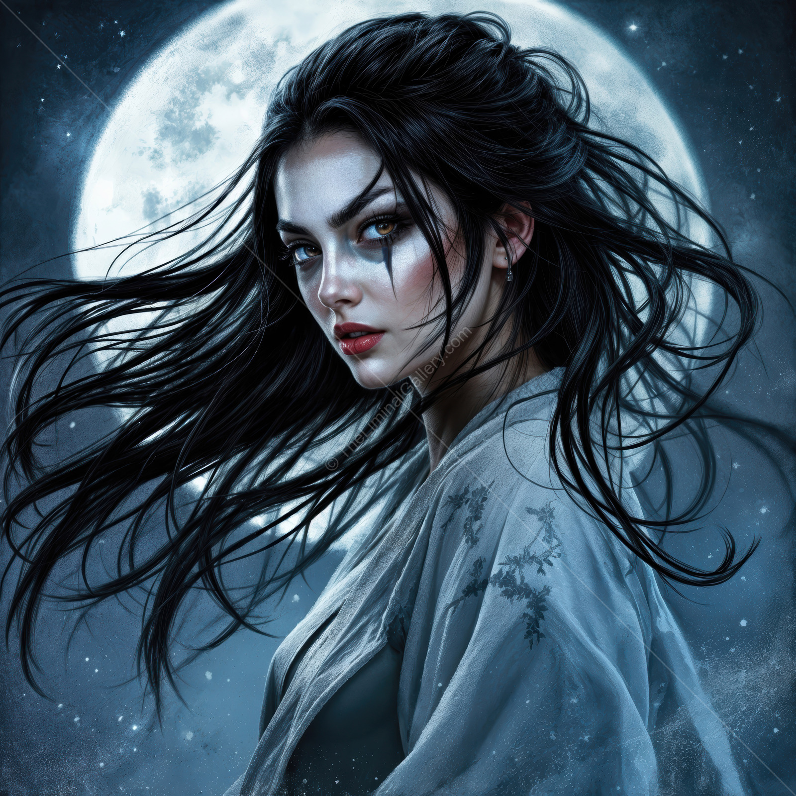 Mysterious woman gazes into the night, surrounded by a magical moonlit atmosphere in a fantasy realm