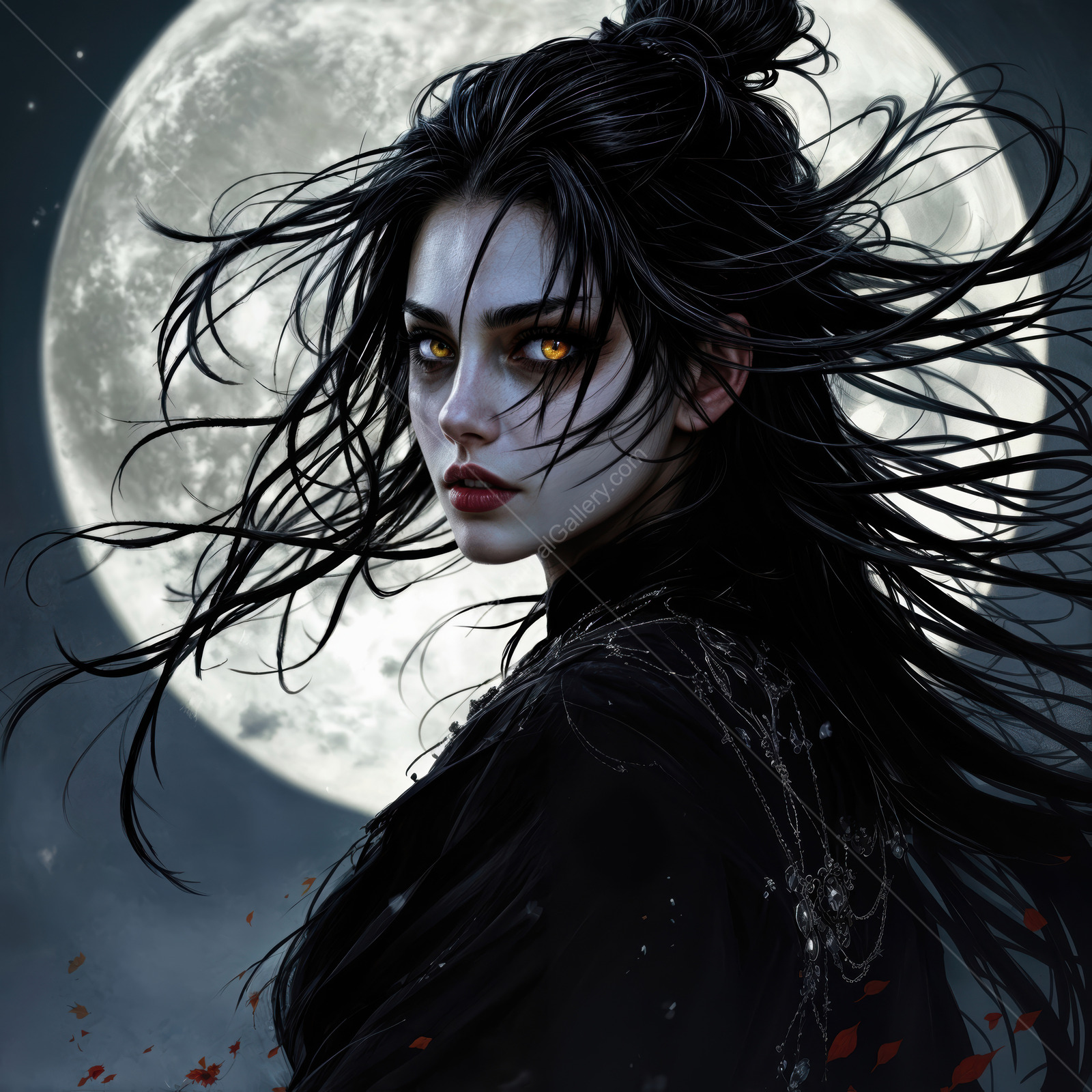 Mystical woman in a twilight fantasy realm with flowing hair under a full moon