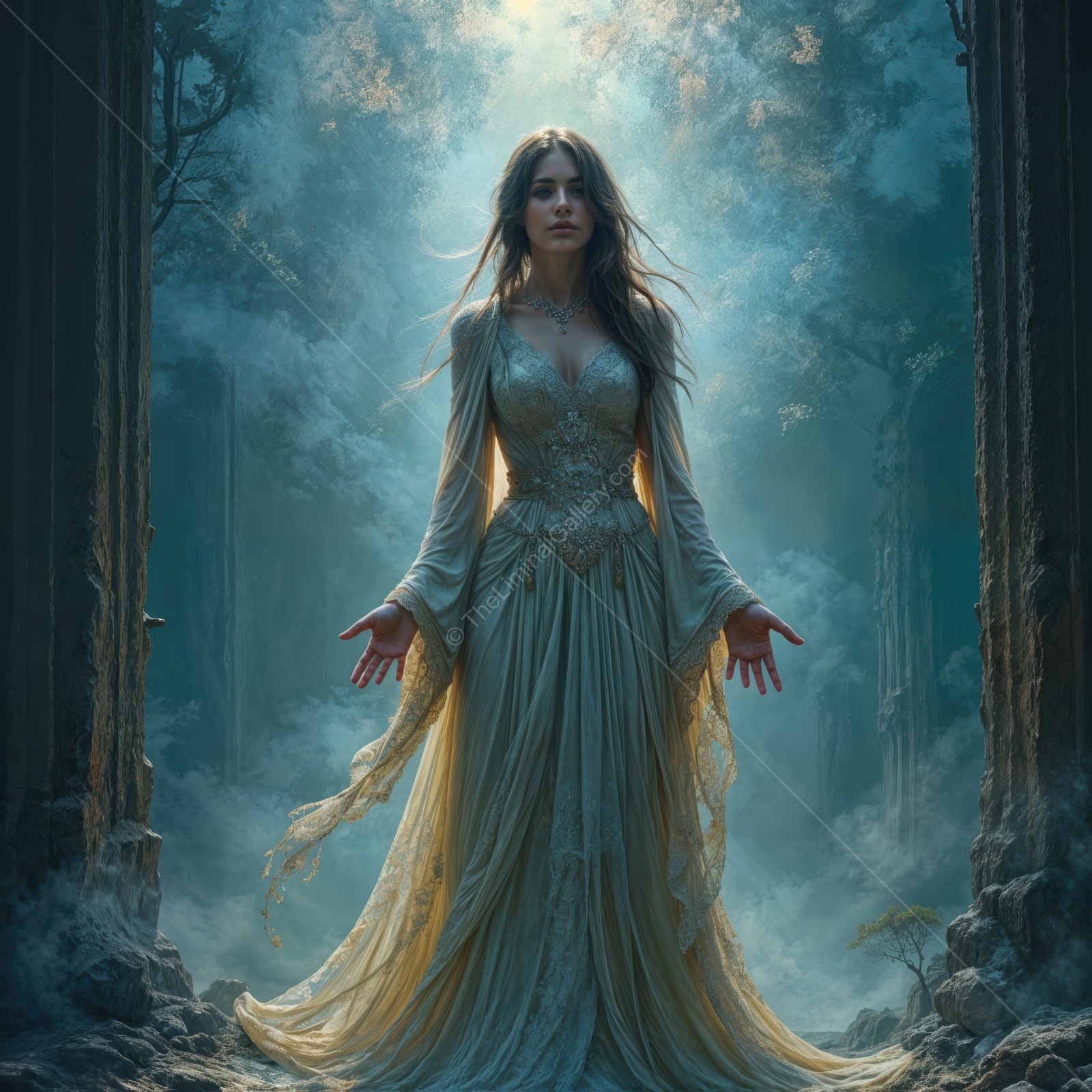 Female in a mystical forest embraces the liminal space of magic and wonder during twilight hours
