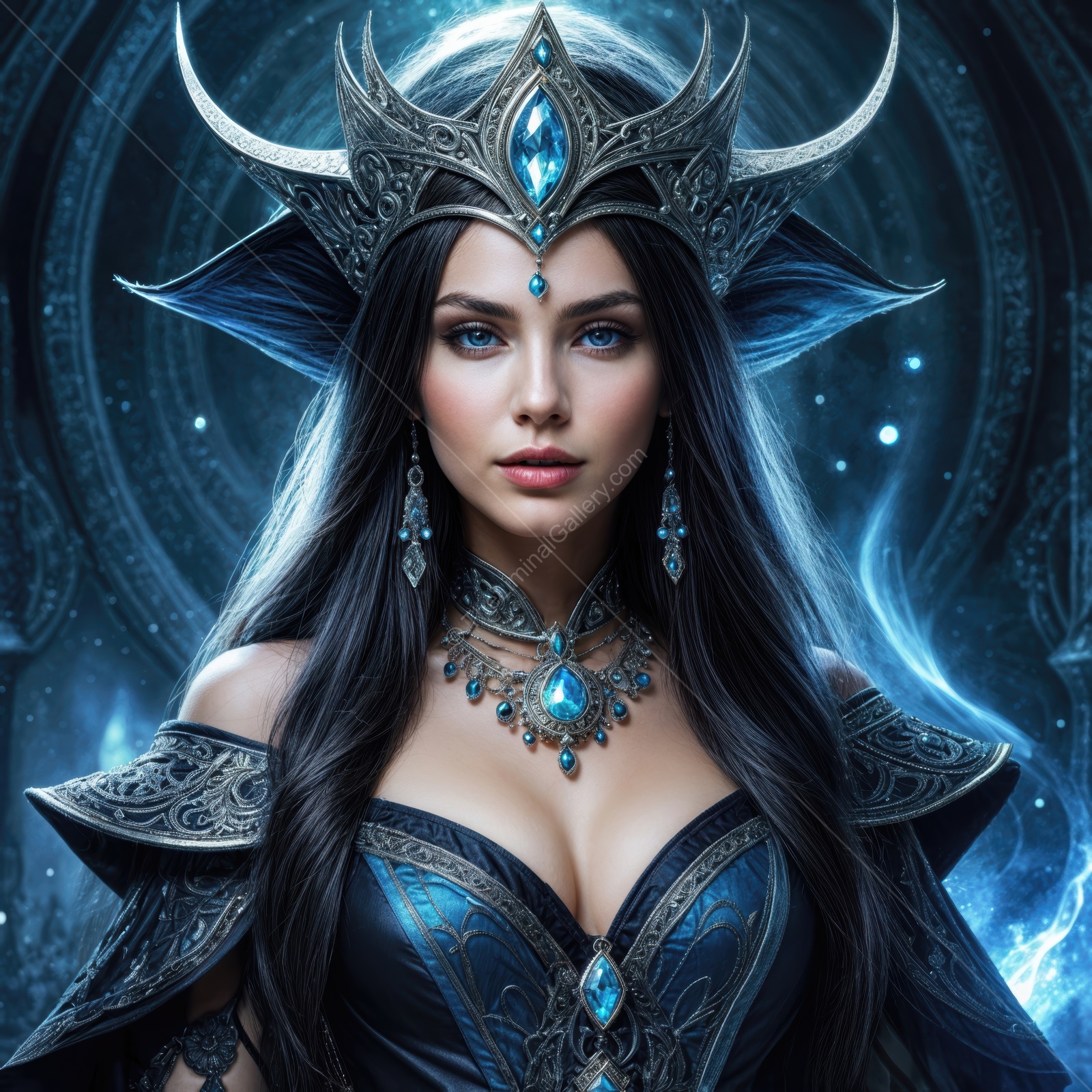 Enchanting woman in a mystical realm wearing a stunning, ornate crown with shimmering gems