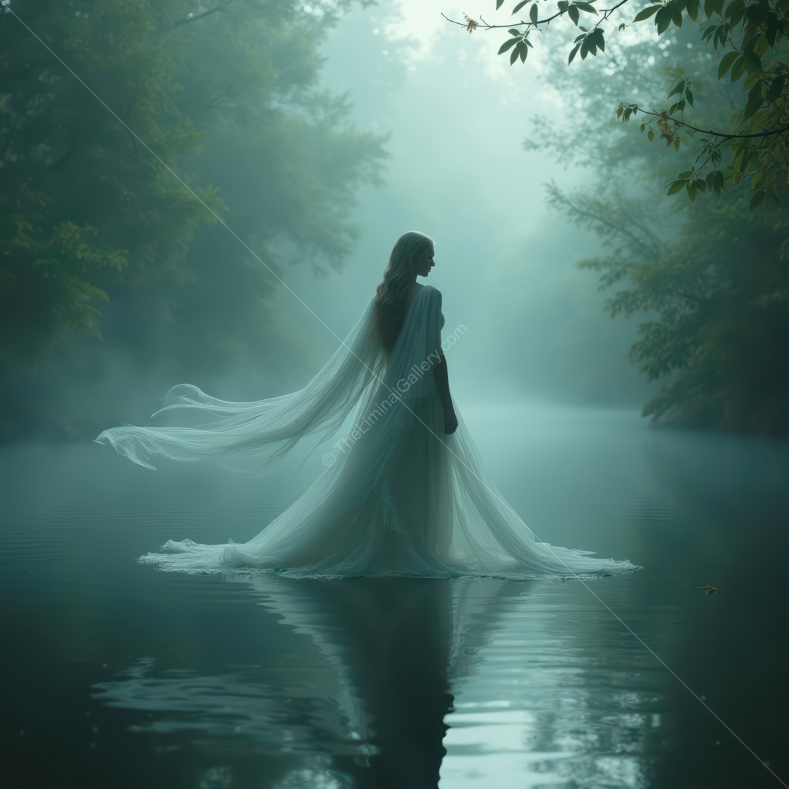 Woman in flowing garments stands still by a tranquil river in a dreamlike liminal space surrounded by mist and soft light