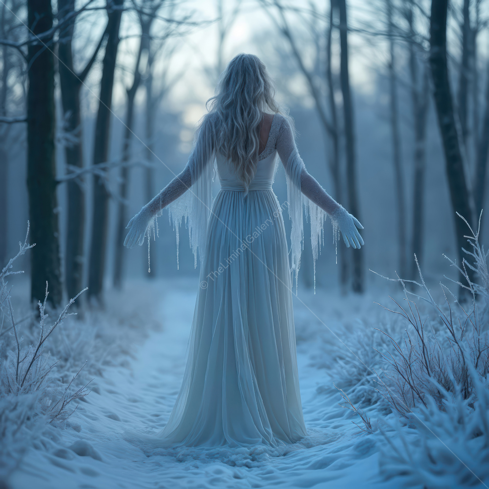 Enchanting winter scene featuring a woman in a flowing gown amidst a snowy forest at dawn