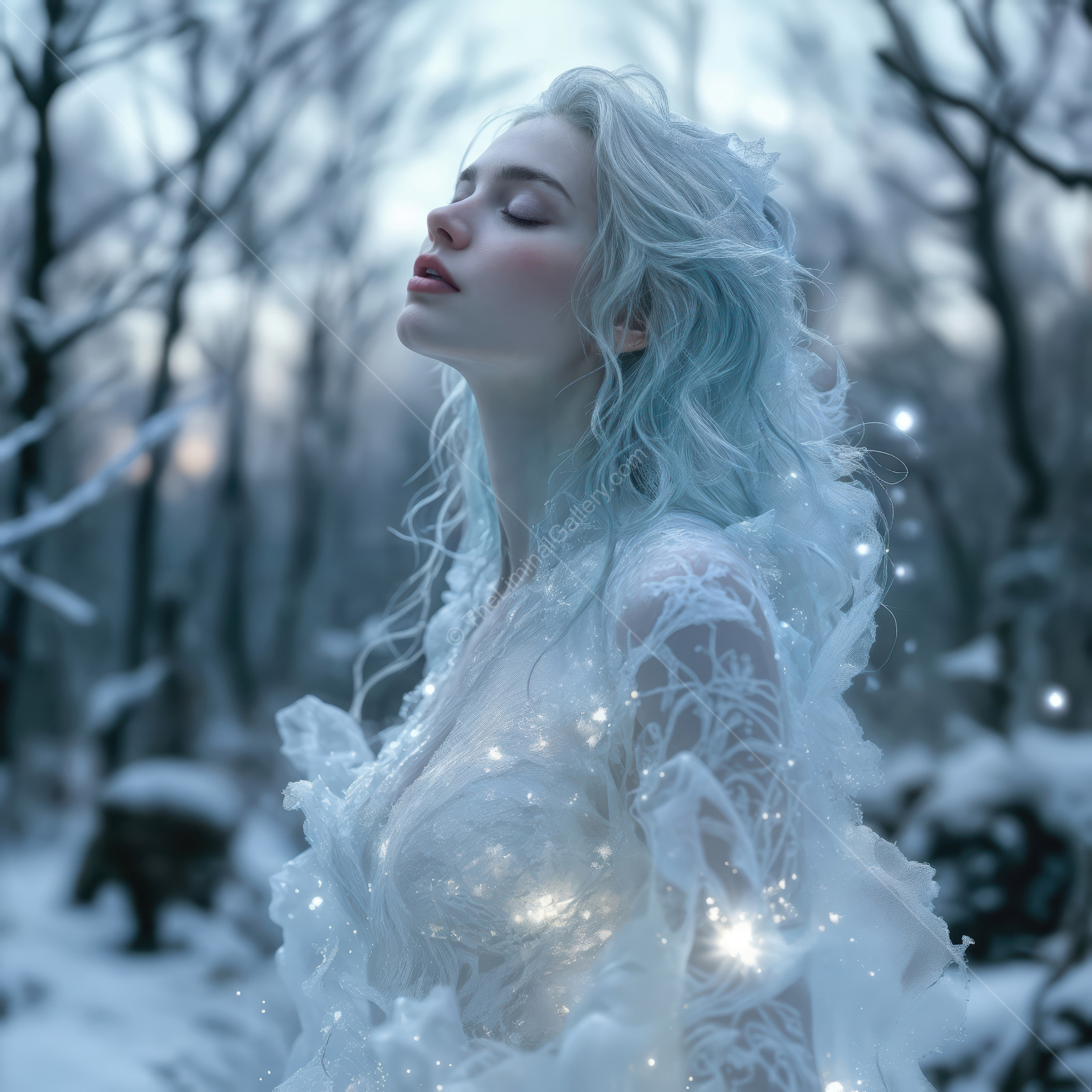 Woman in a winter wonderland takes in the magic of a fantasy realm under soft, fading light