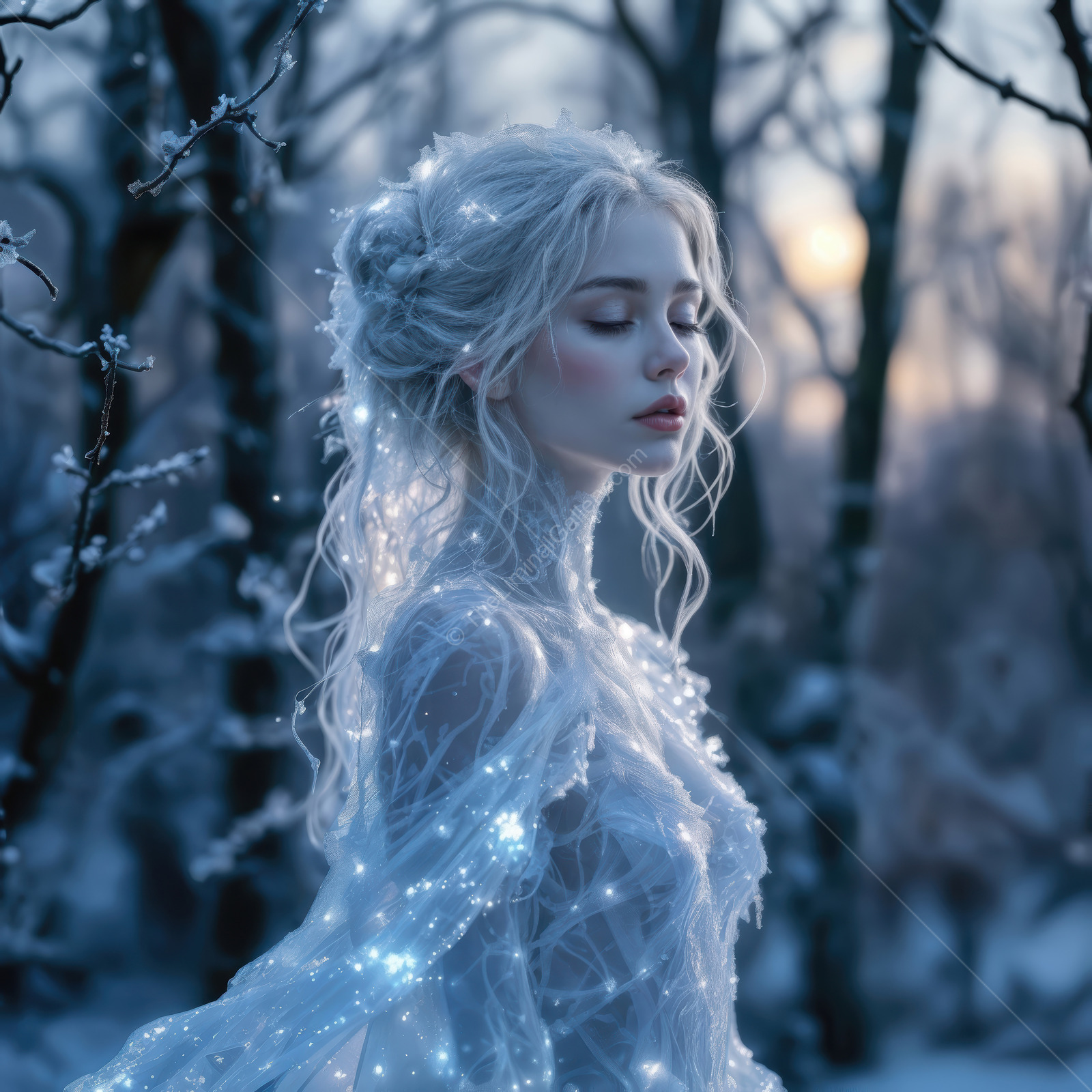 Enchanting woman in a snowy forest under a twilight sky, embodying fantasy and elegance with a liminal aura
