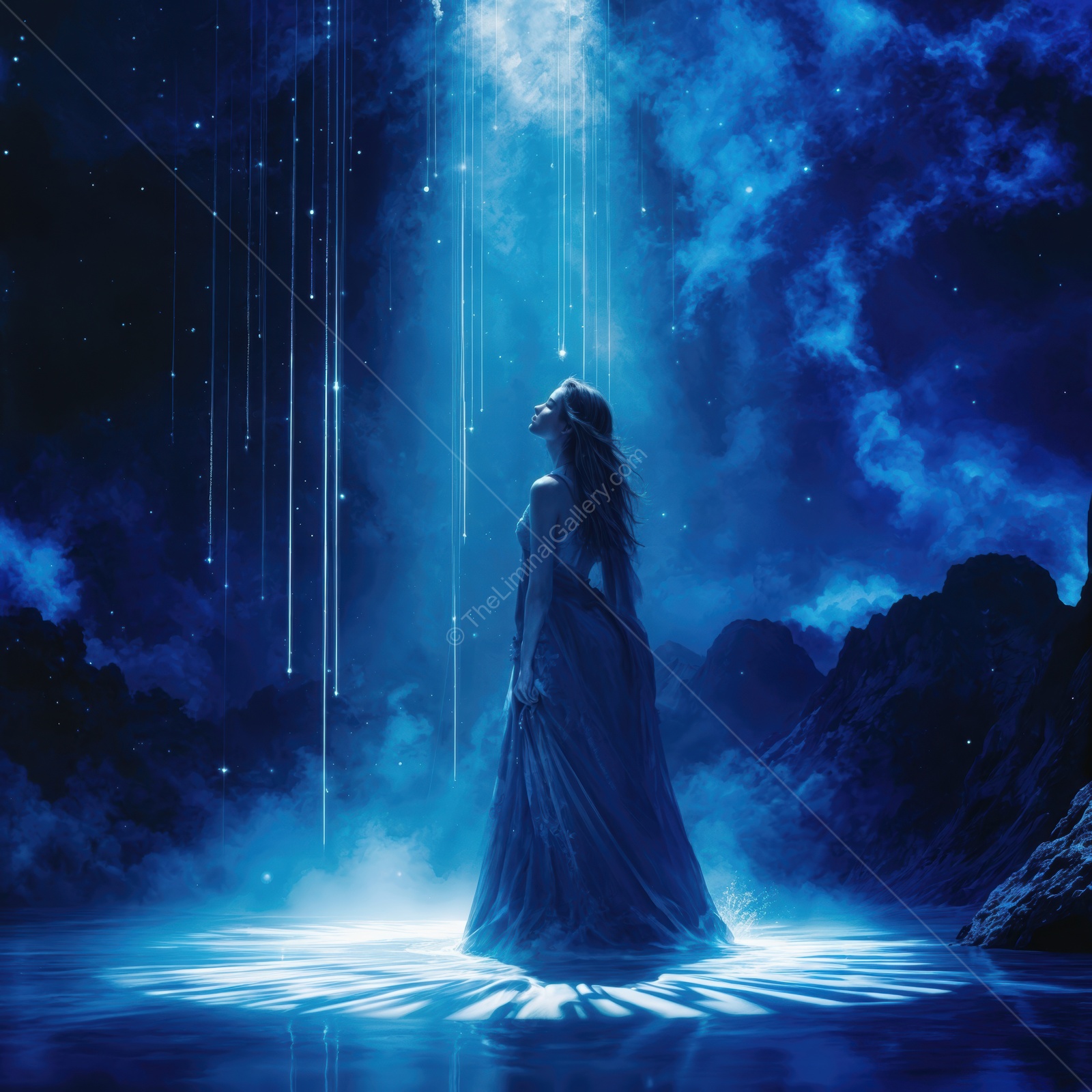 Woman in a fantasy realm illuminated by starlight and surrounded by ethereal clouds at twilight