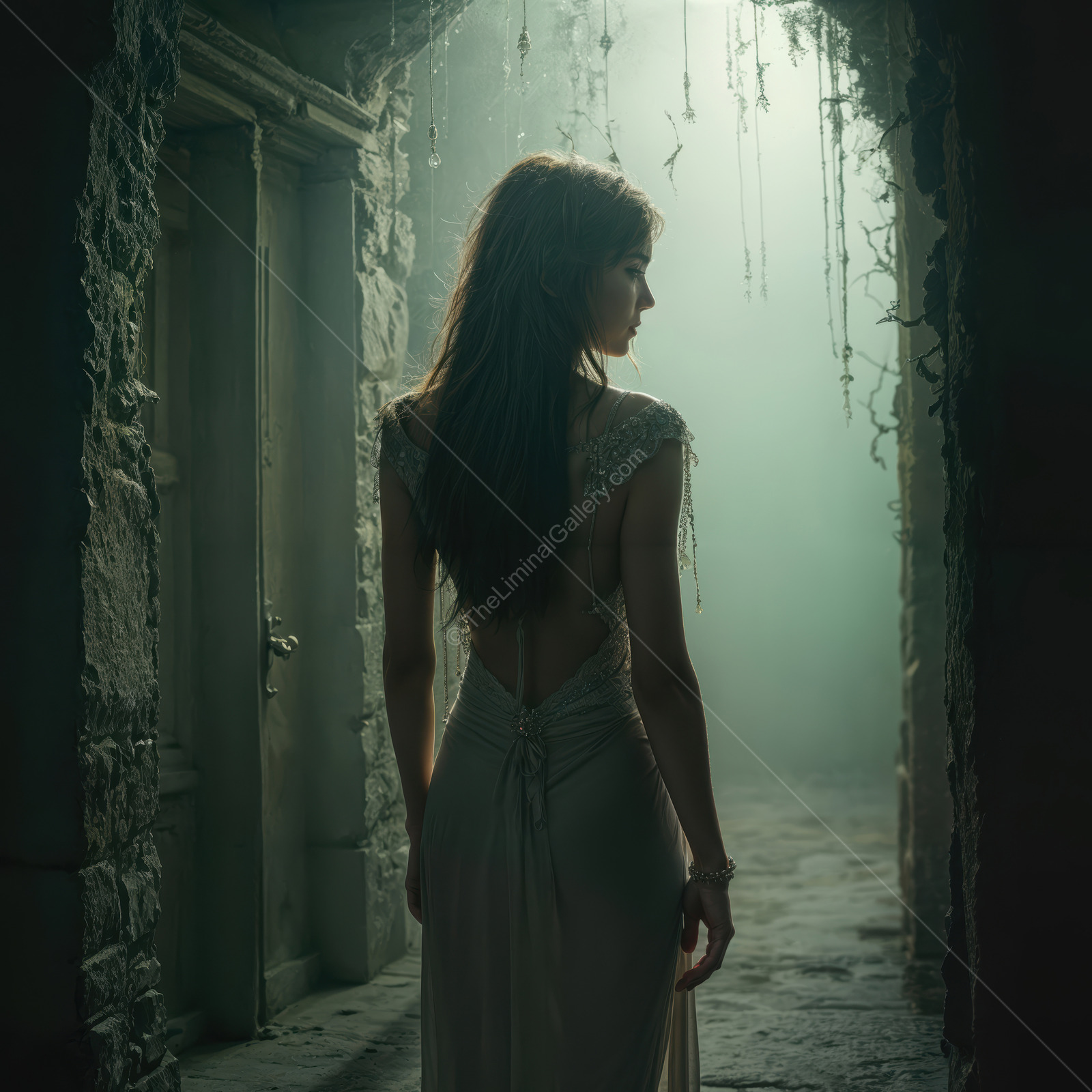 Woman wandering through a mystical corridor shrouded in light and shadow, exploring the beauty of a fantasy realm