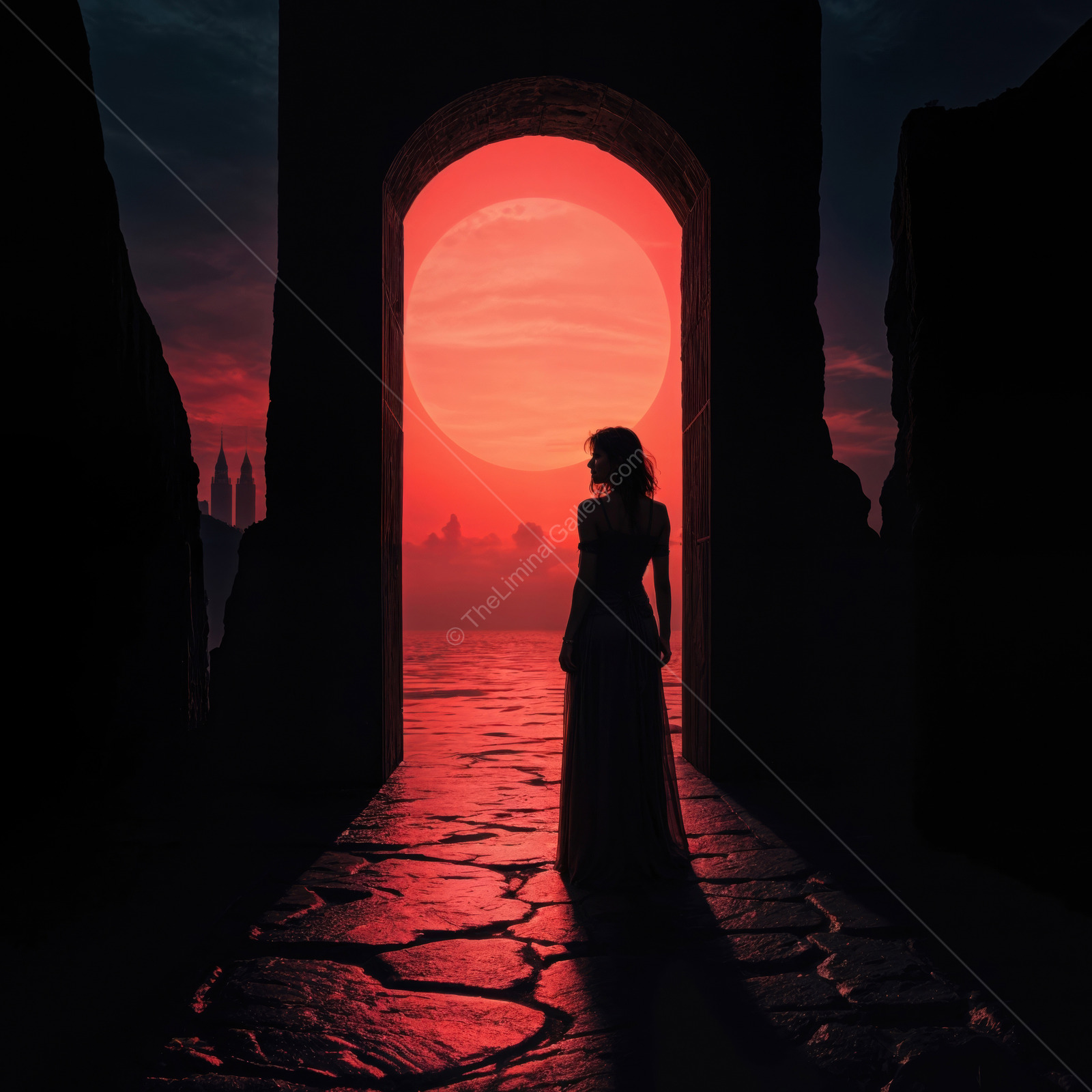 Woman stands at the threshold of a mystical portal, embracing the enchanting glow of a giant red sun at twilight