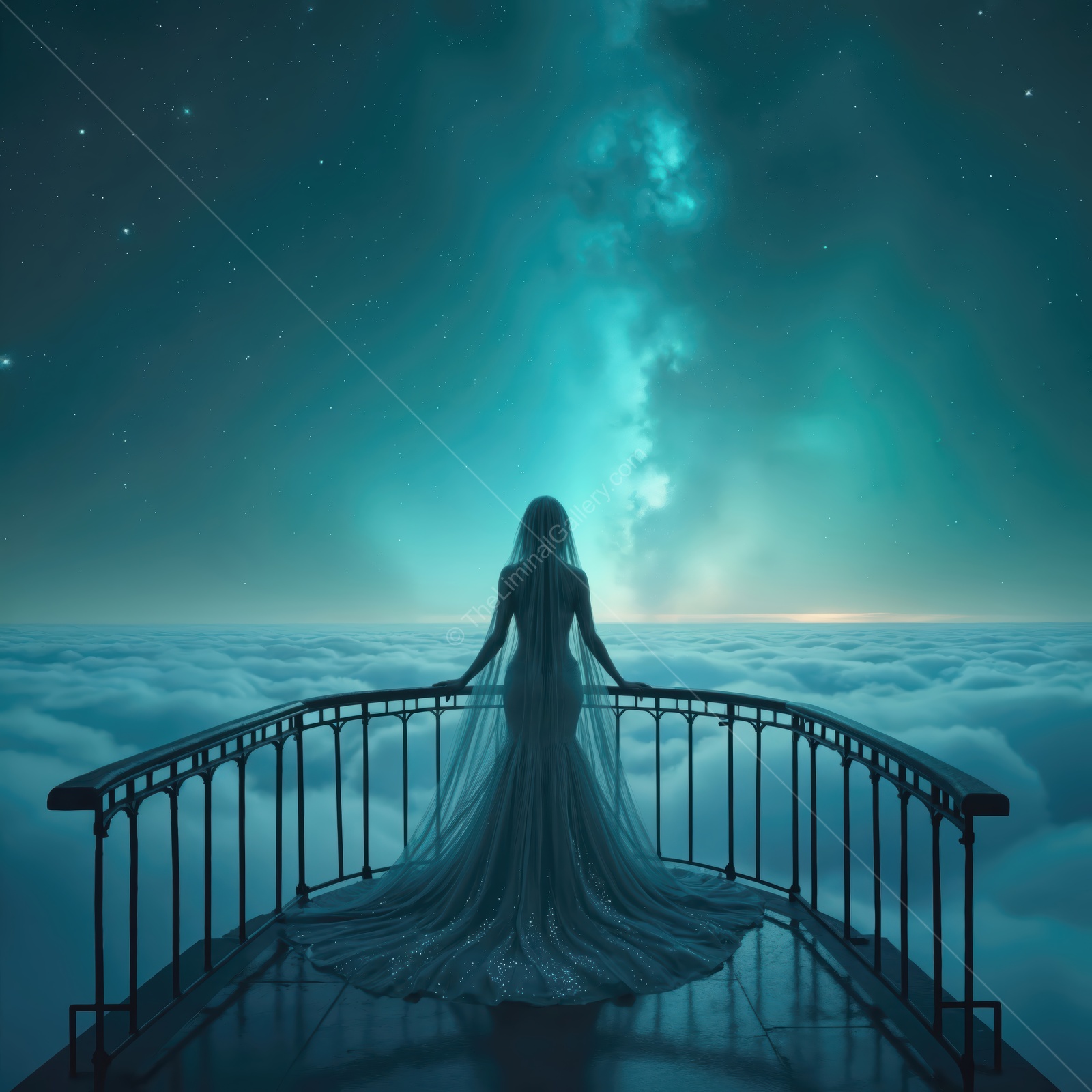 Woman in flowing gossamer dress gazing at starry sky above clouds in a magical liminal space during twilight