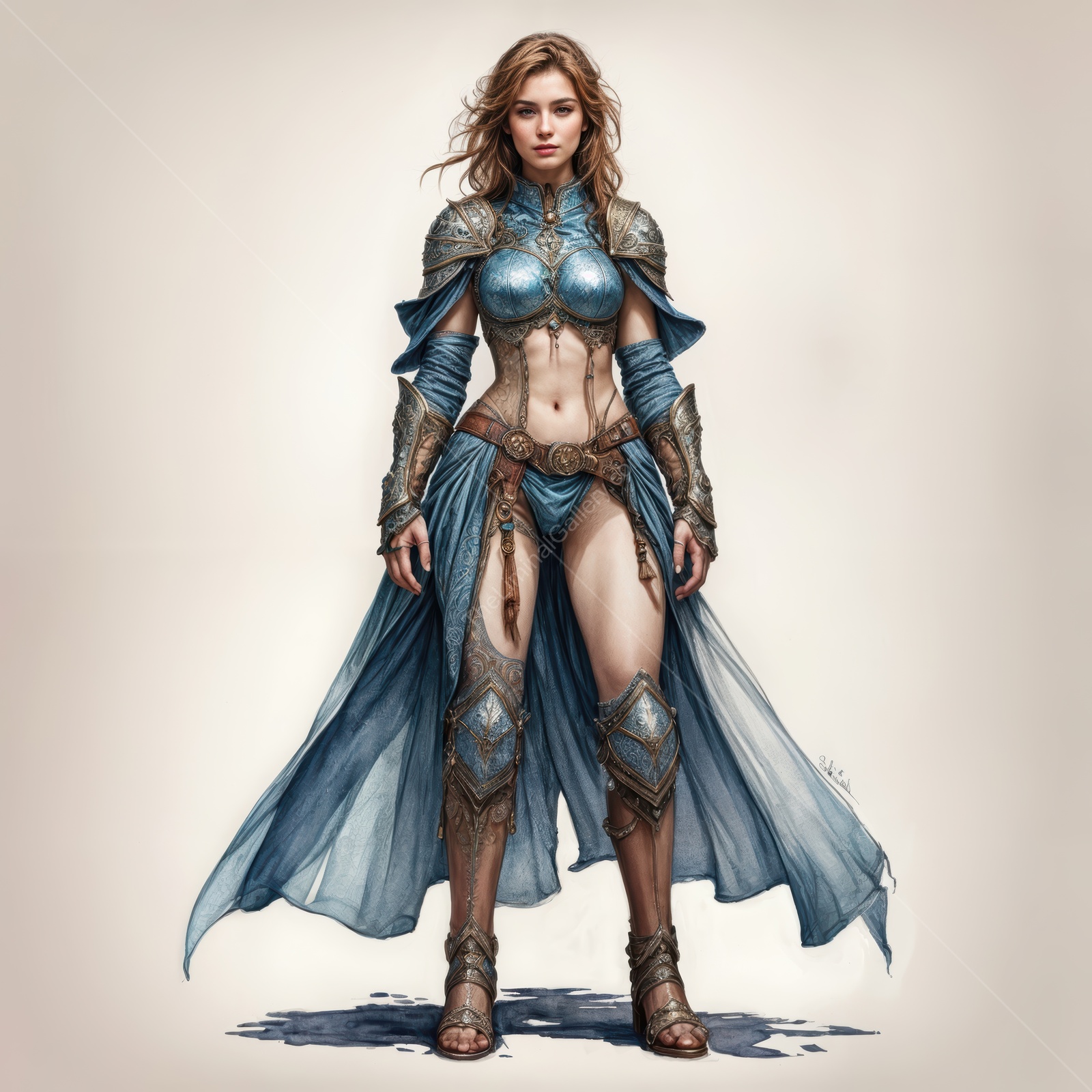 Women warrior in a fantasy realm stand poised for battle, surrounded by an ethereal landscape under a twilight sky