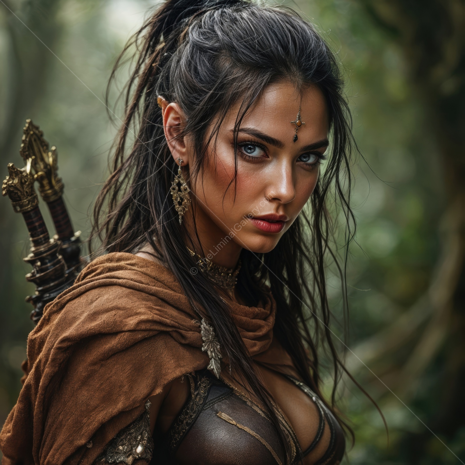 Liminal fantasy forest journey with a courageous woman warrior embracing her destiny