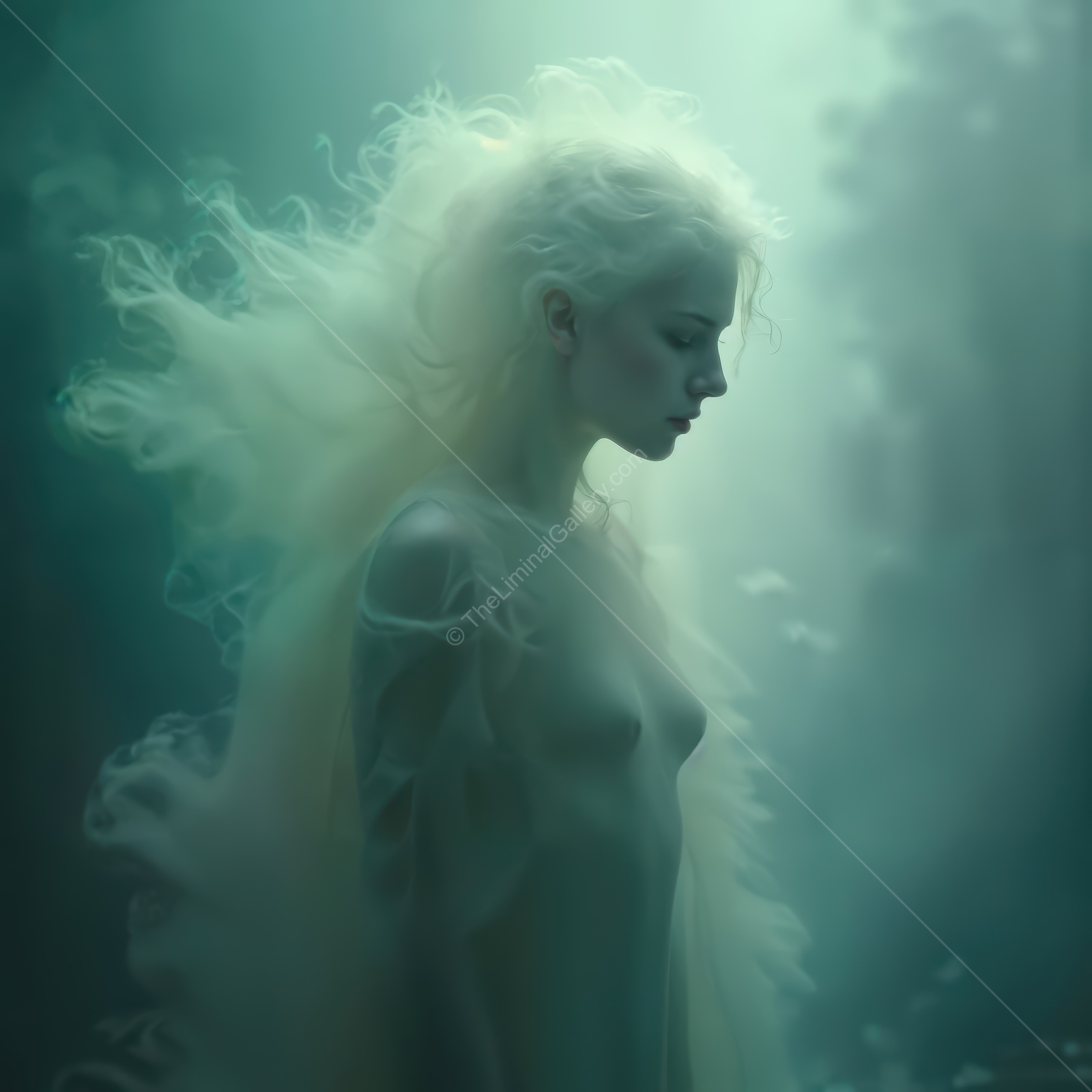 Mysterious woman in a liminal space enveloped by ethereal mist and soft light