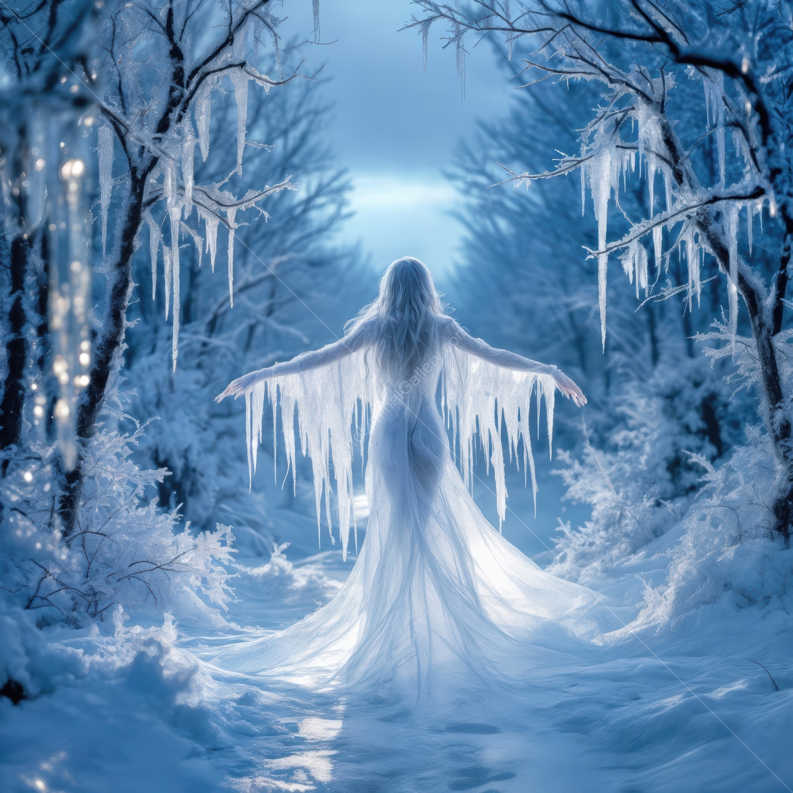 Mistress in ethereal gown encompasses the winter wonderland surrounded by shimmering icicles and soft, snowy trees at twilight