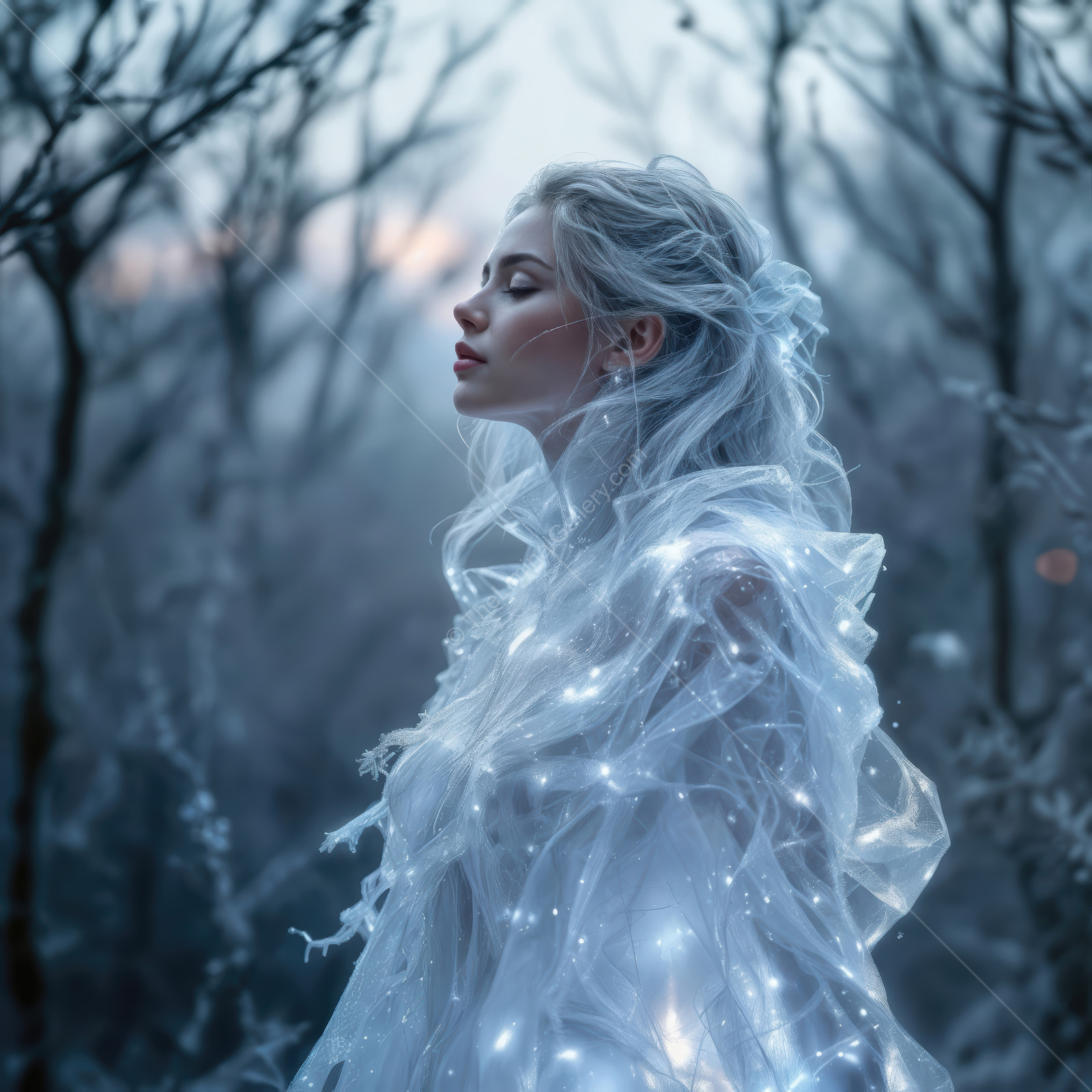 Lady in a mystical forest glowing with lights during a serene twilight moment