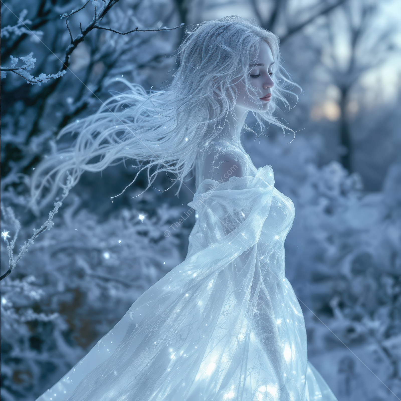 Woman in a magical winter landscape embraces ethereal beauty during twilight moments