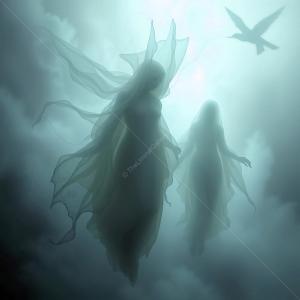 Ethereal figures wander through misty clouds under a wild sky filled with mysterious movement
