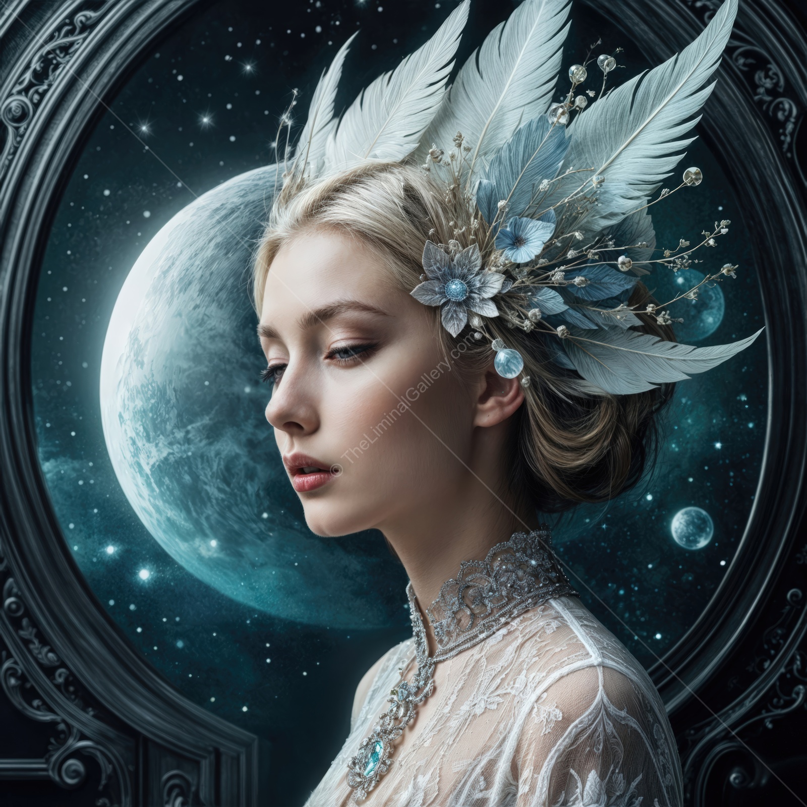 Ethereal beauty in a cosmic dreamscape with feathered adornments and celestial allure