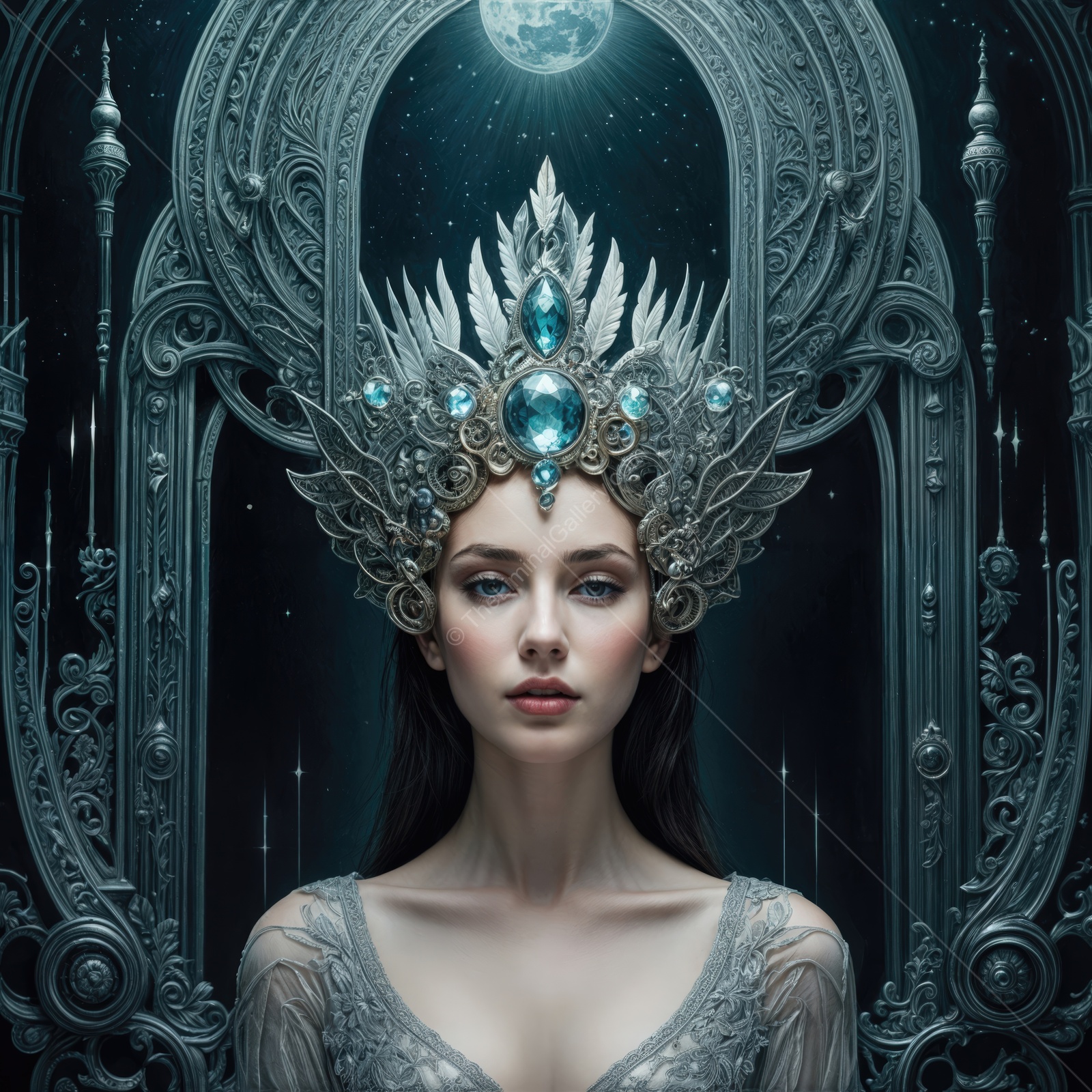 Majestic sorceress adorned in crystal crown under a glowing full moon