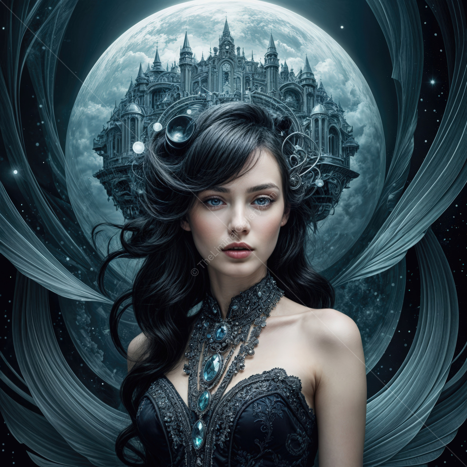 Elegant dark fantasy sorceress in a mystical landscape with a floating castle under a full moon
