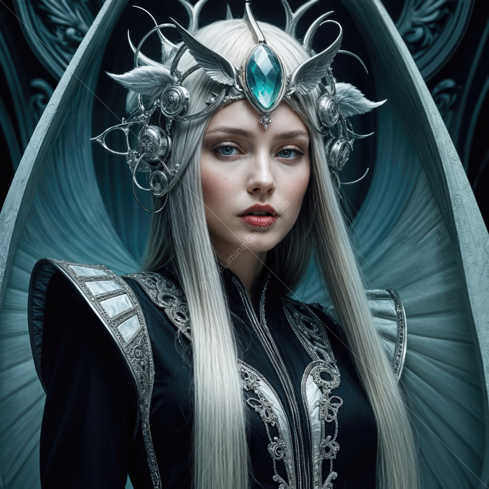 Enigmatic beauty with ethereal attire and ornate crown in a mystical realm