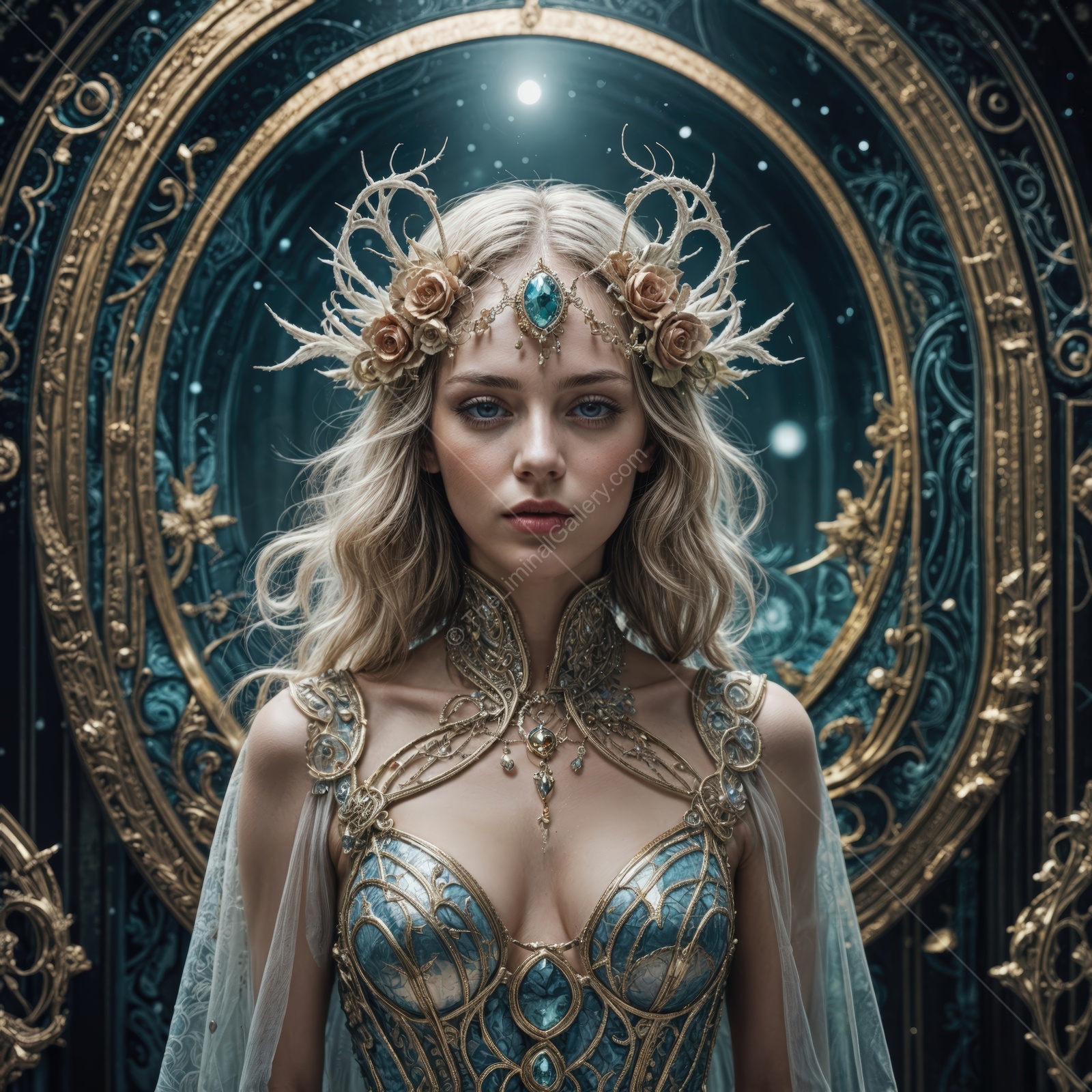 Majestic fairy queen adorned in golden attire and mystical jewels in an enchanted forest
