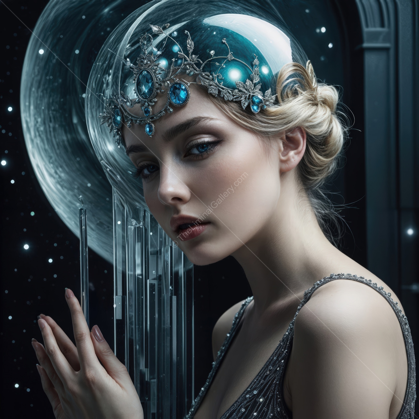 Elegant woman in a futuristic crystal headdress captivates under celestial light