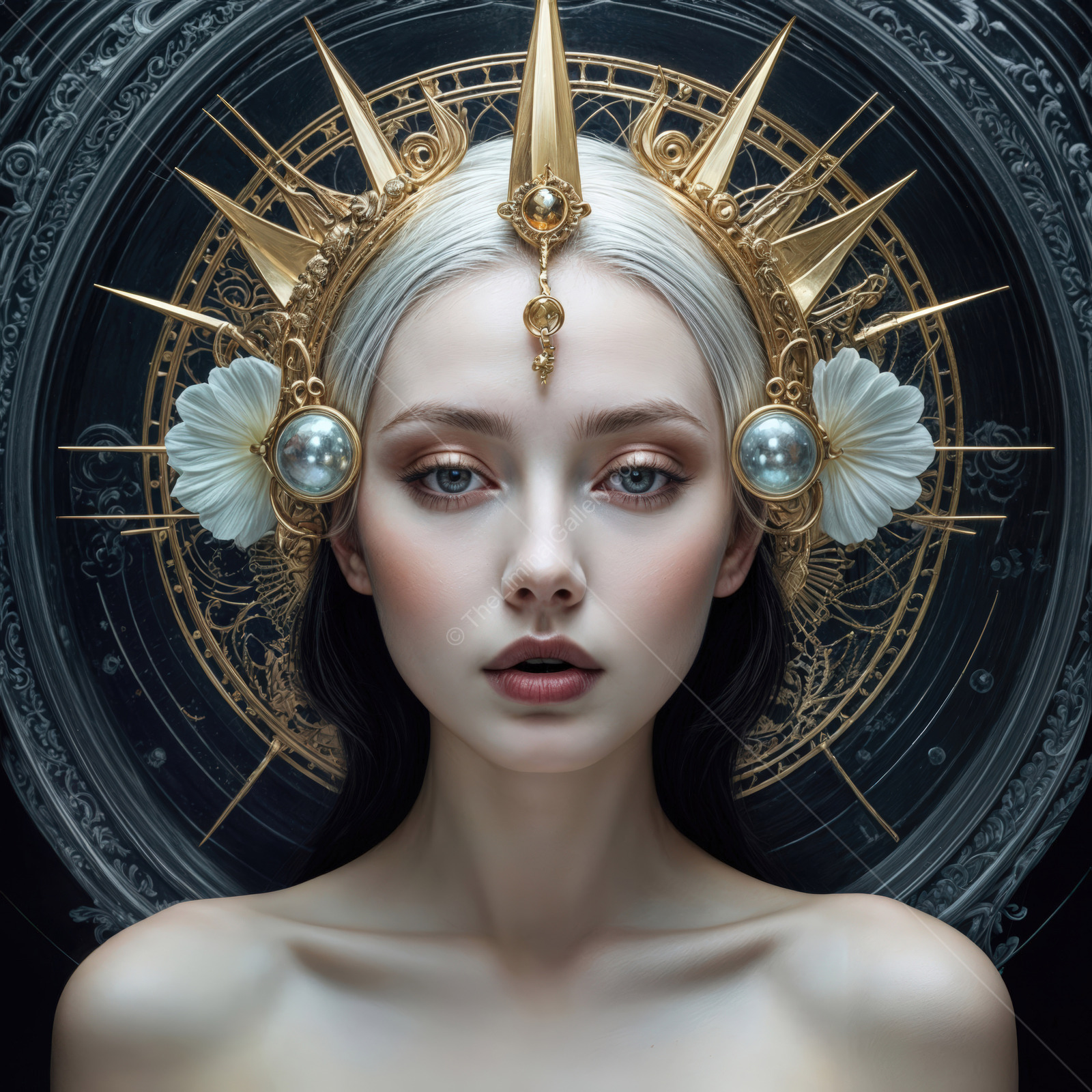 Stunning portrait of a beautiful woman with a golden crown in an artistic setting