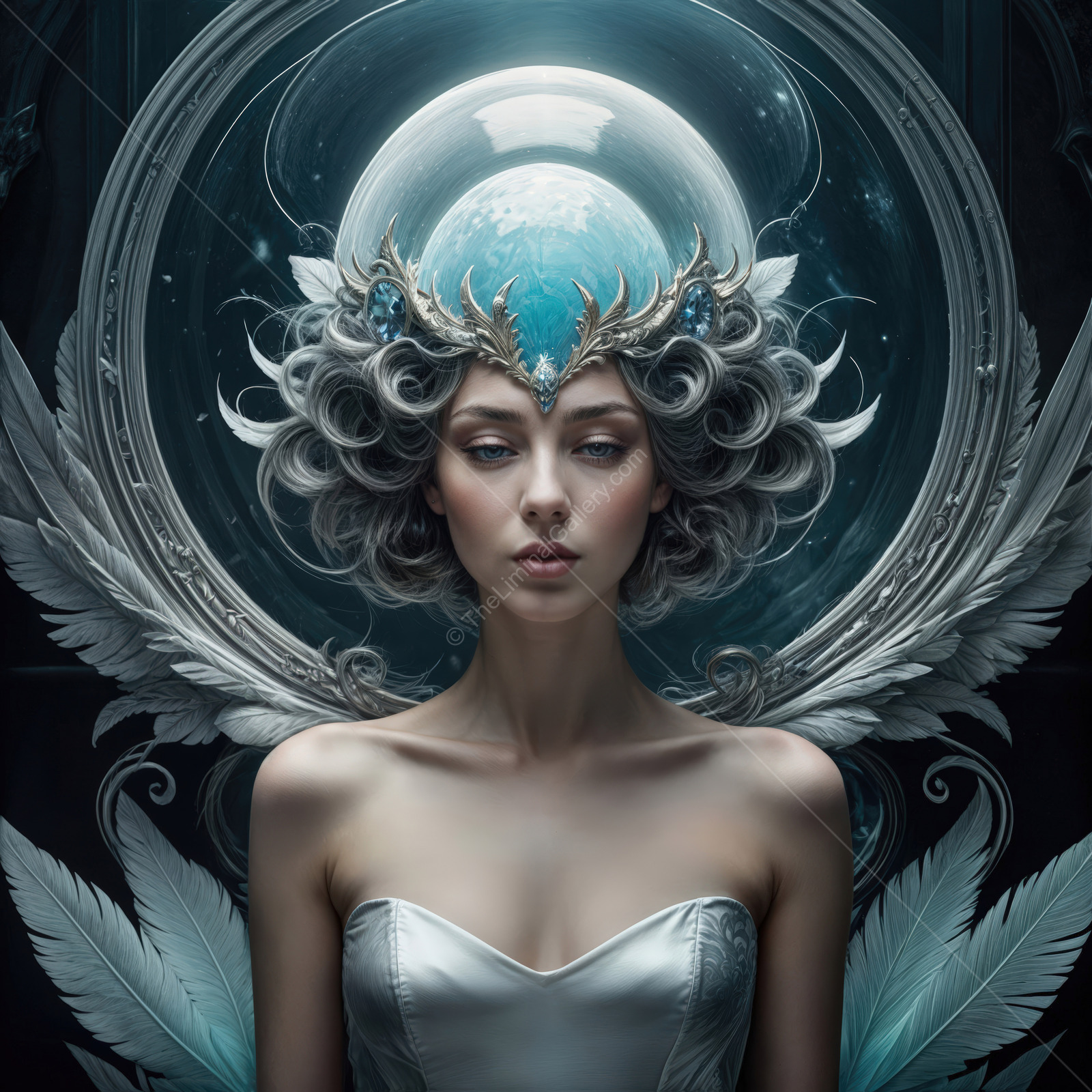 Ethereal elegance of a celestial being with intricate crown and graceful feathers in a mystical light