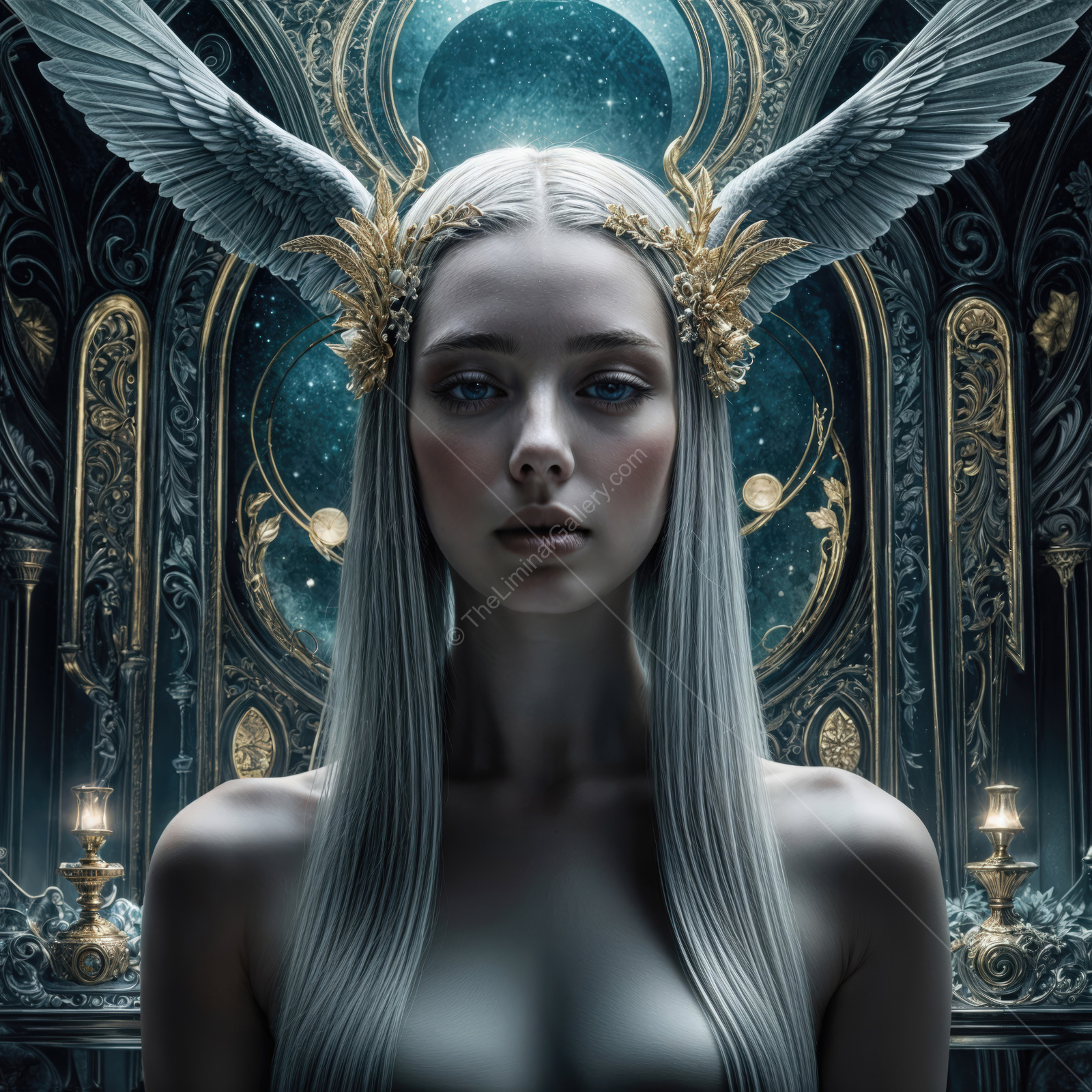 Ethereal beauty in a celestial setting with ornate wings and a mystical aura at twilight