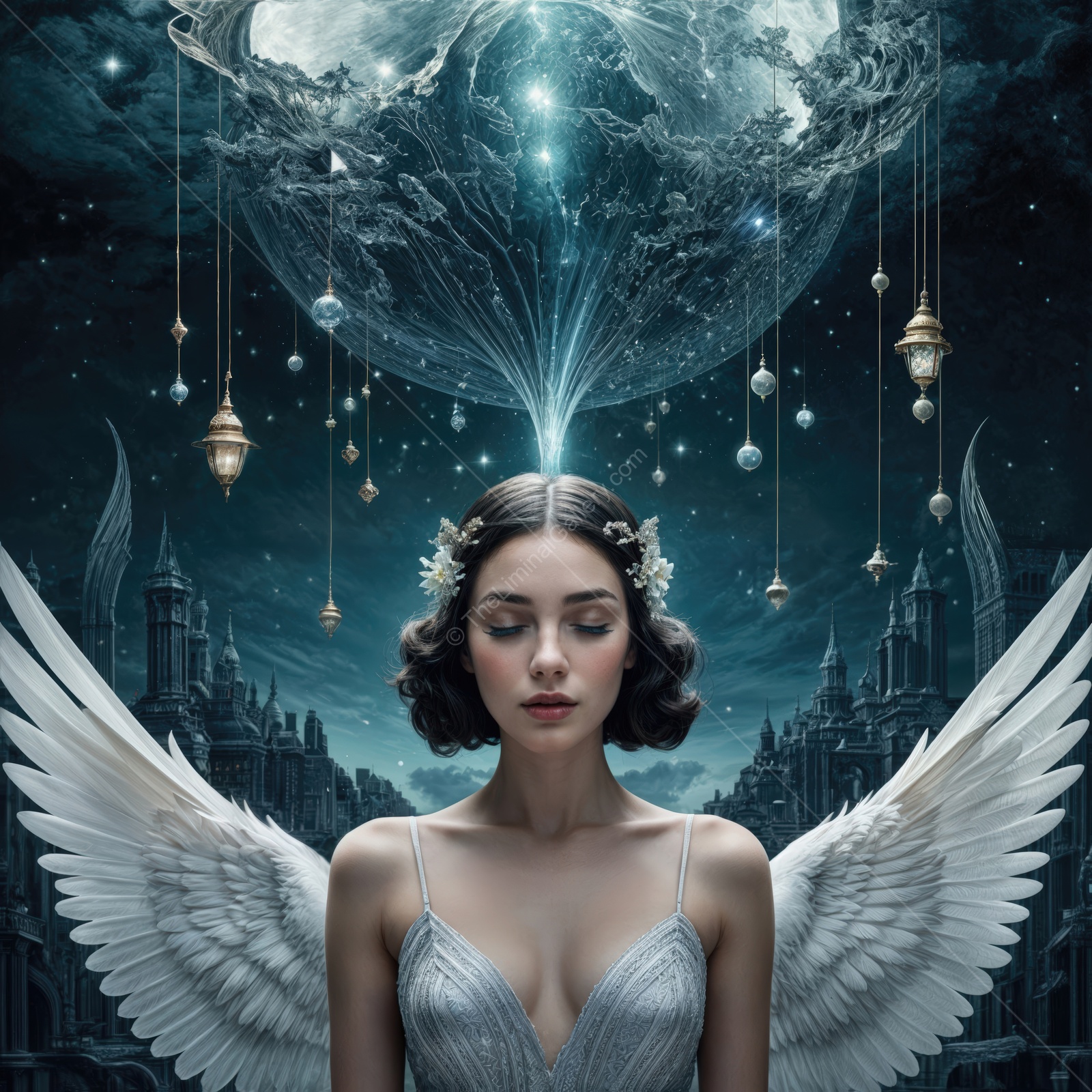 Ethereal vision of a serene angelic woman illuminated by a mystical moonlit night