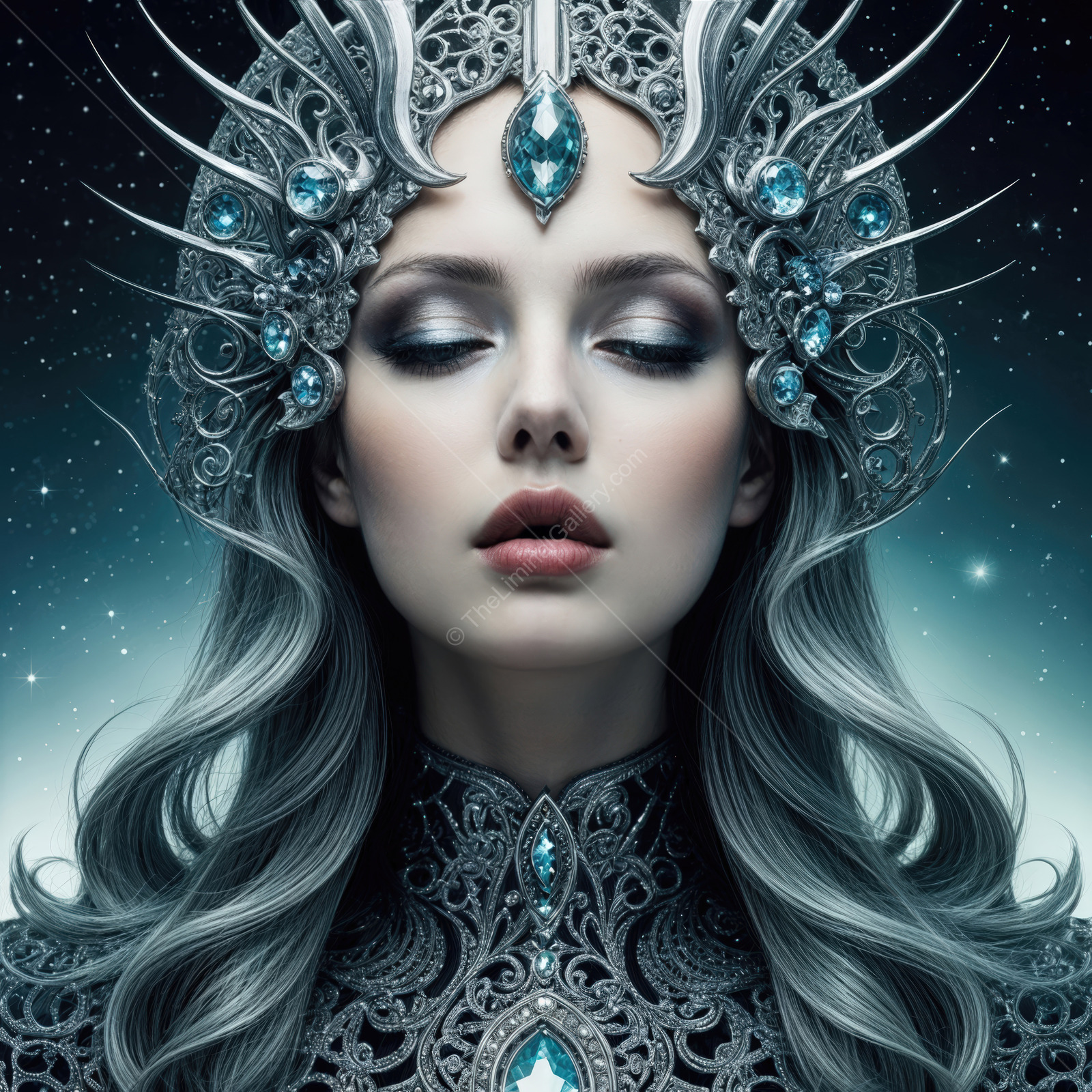 Enchanting queen adorned with intricate silver crown and jewels in a mystical night setting