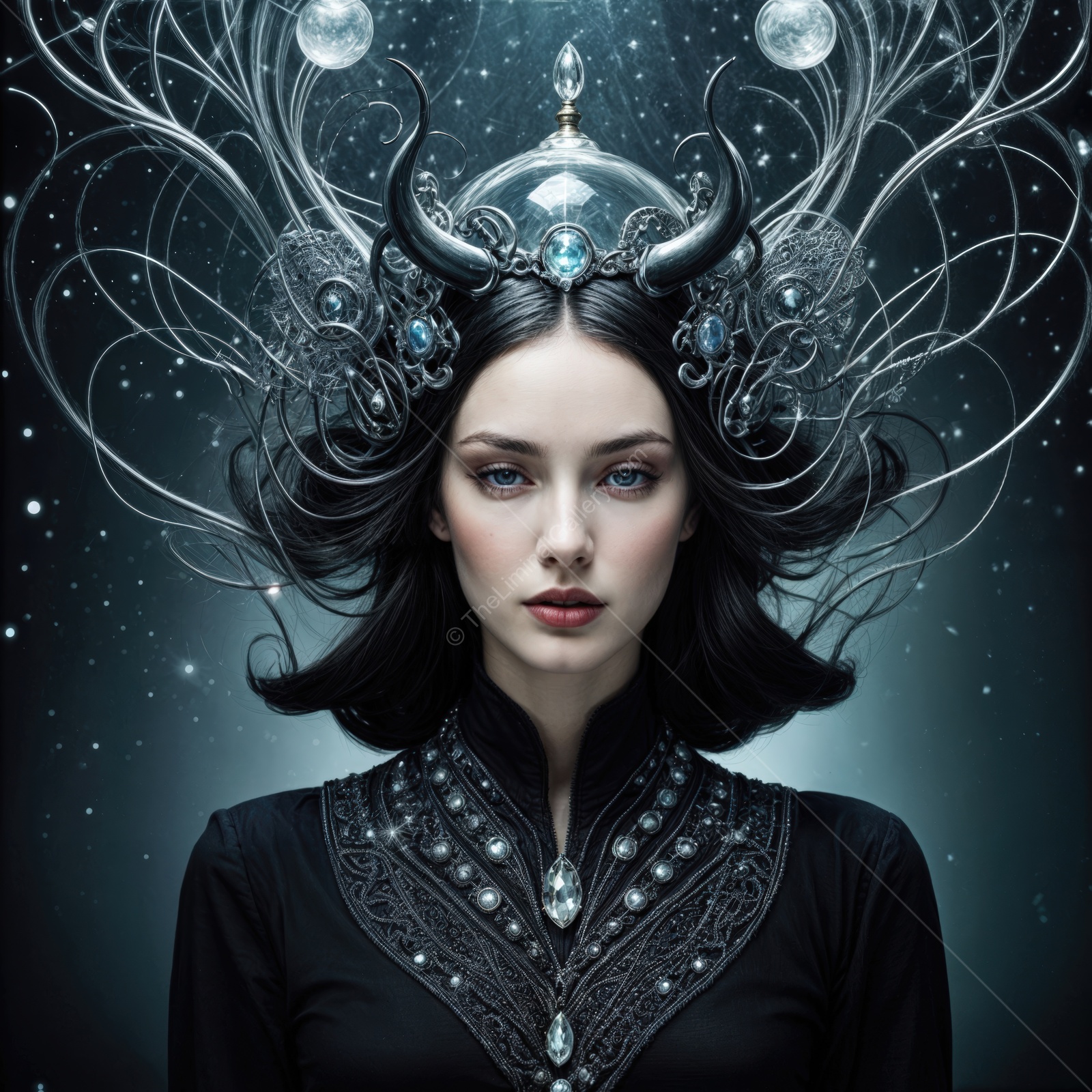 Elegant sorceress adorned with intricate hairpieces lounges in a mystical atmosphere against a cosmic backdrop