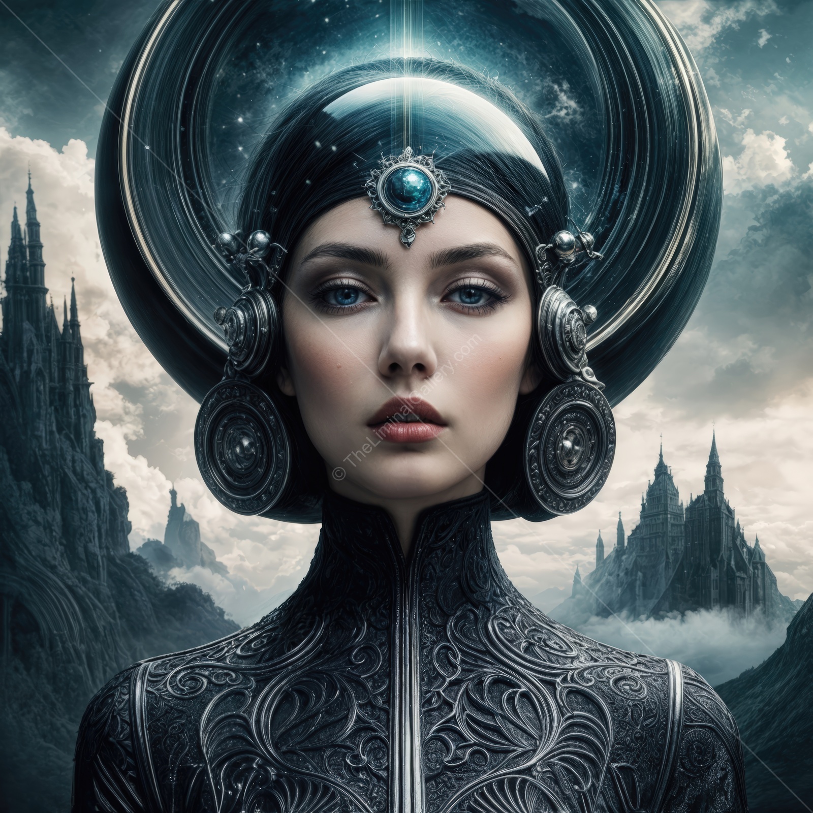 Mysterious woman in elaborate attire against a surreal landscape at twilight