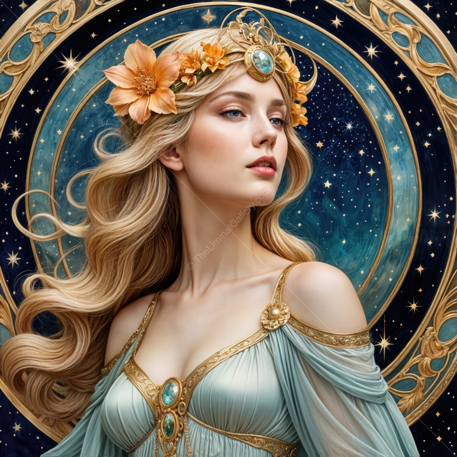 Enchanted goddess adorned with celestial flowers gazes at the night sky filled with stars