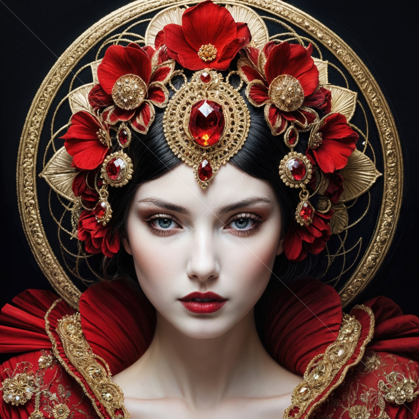 Elegant figure adorned with crimson floral crown and intricate jewelry exuding grace and majesty