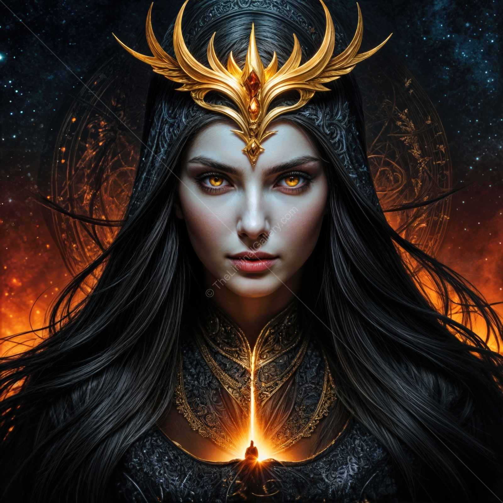 Mysterious enchantress with glowing eyes stands before a fiery background at twilight