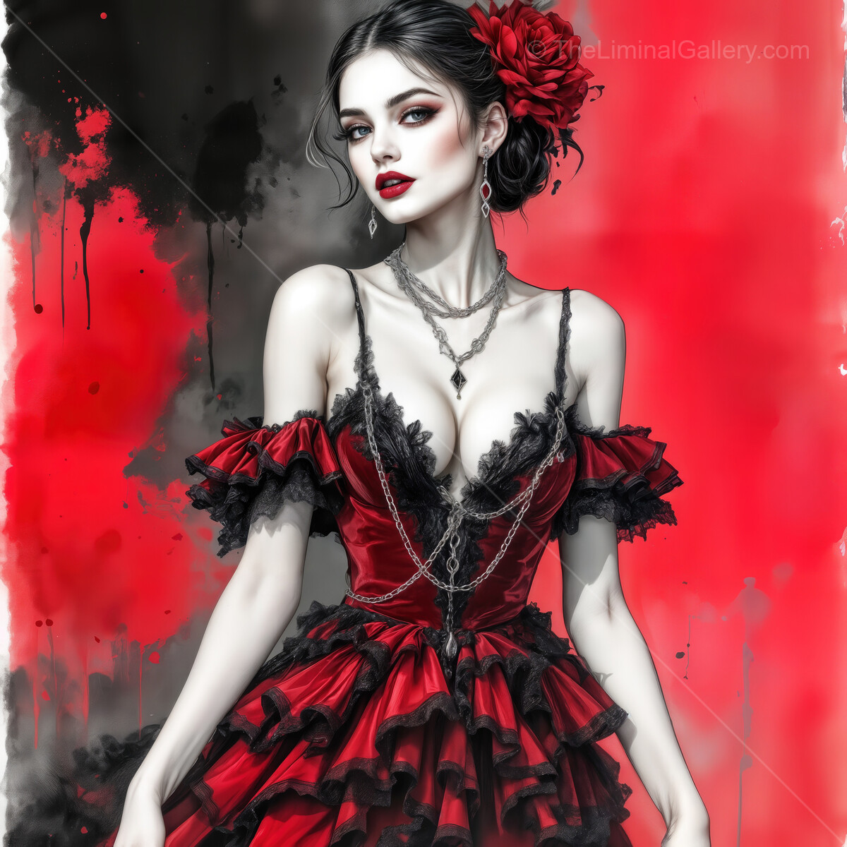 Elegant flamenco dancer in a vibrant watercolor depiction showcasing movement and passion during a lively Spanish fiesta night