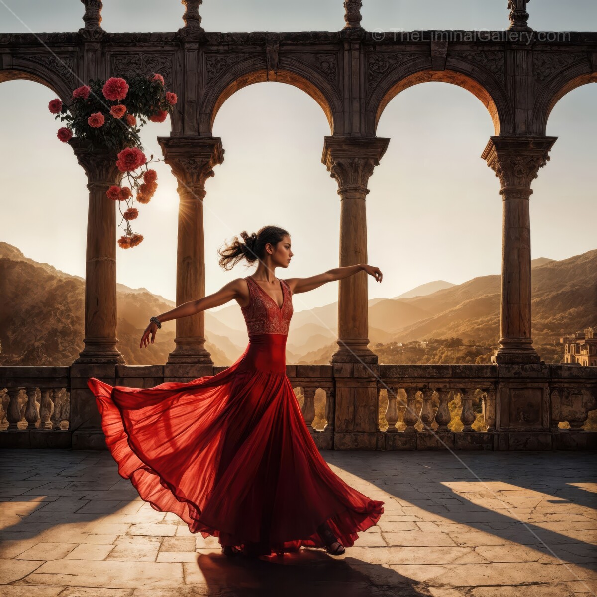 Dance of passion at sunset in a stunning open courtyard with arches