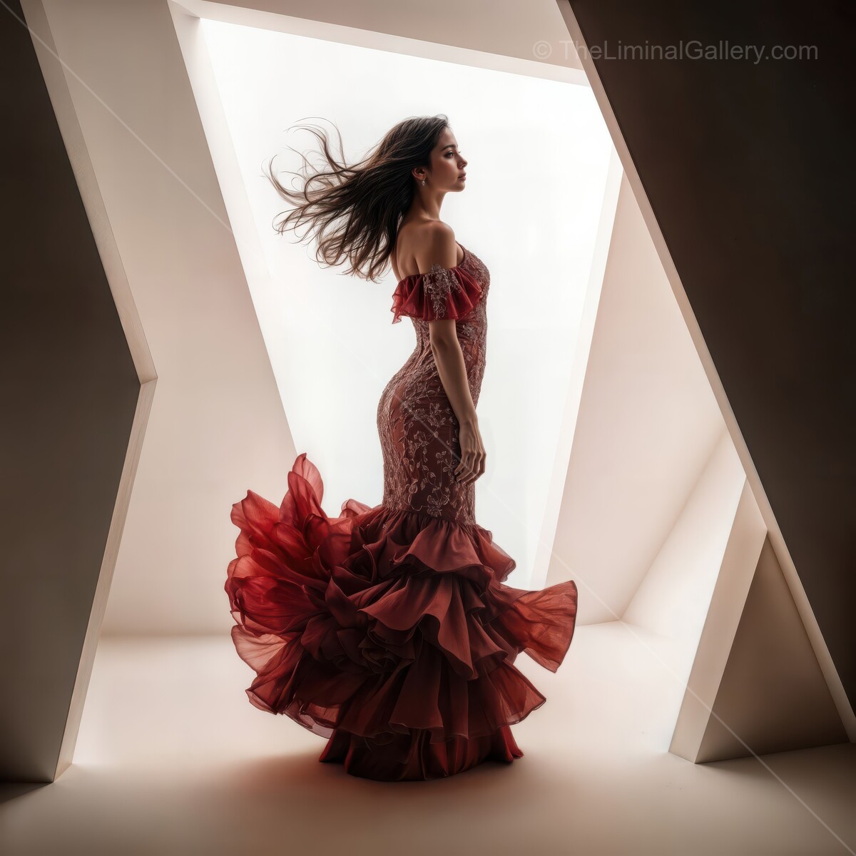 Dancer in a striking flamenco dress captures the essence of movement and emotion in a unique, modern space