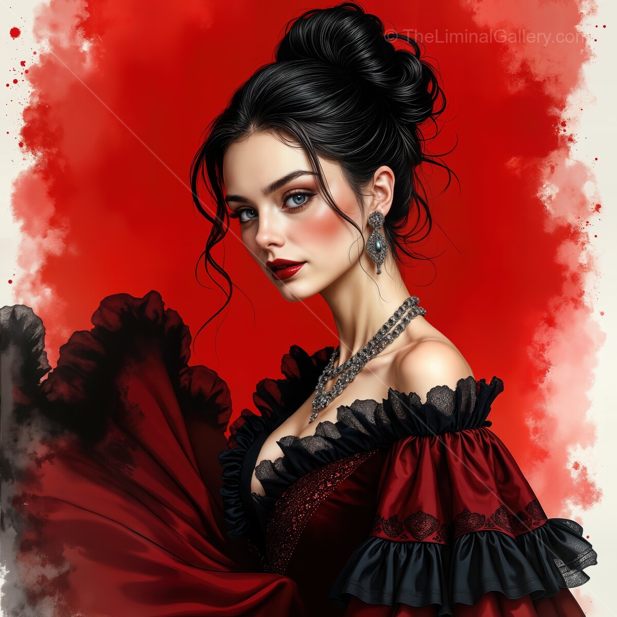 Flamenco dancer in vibrant red swirling motion captures passion and elegance