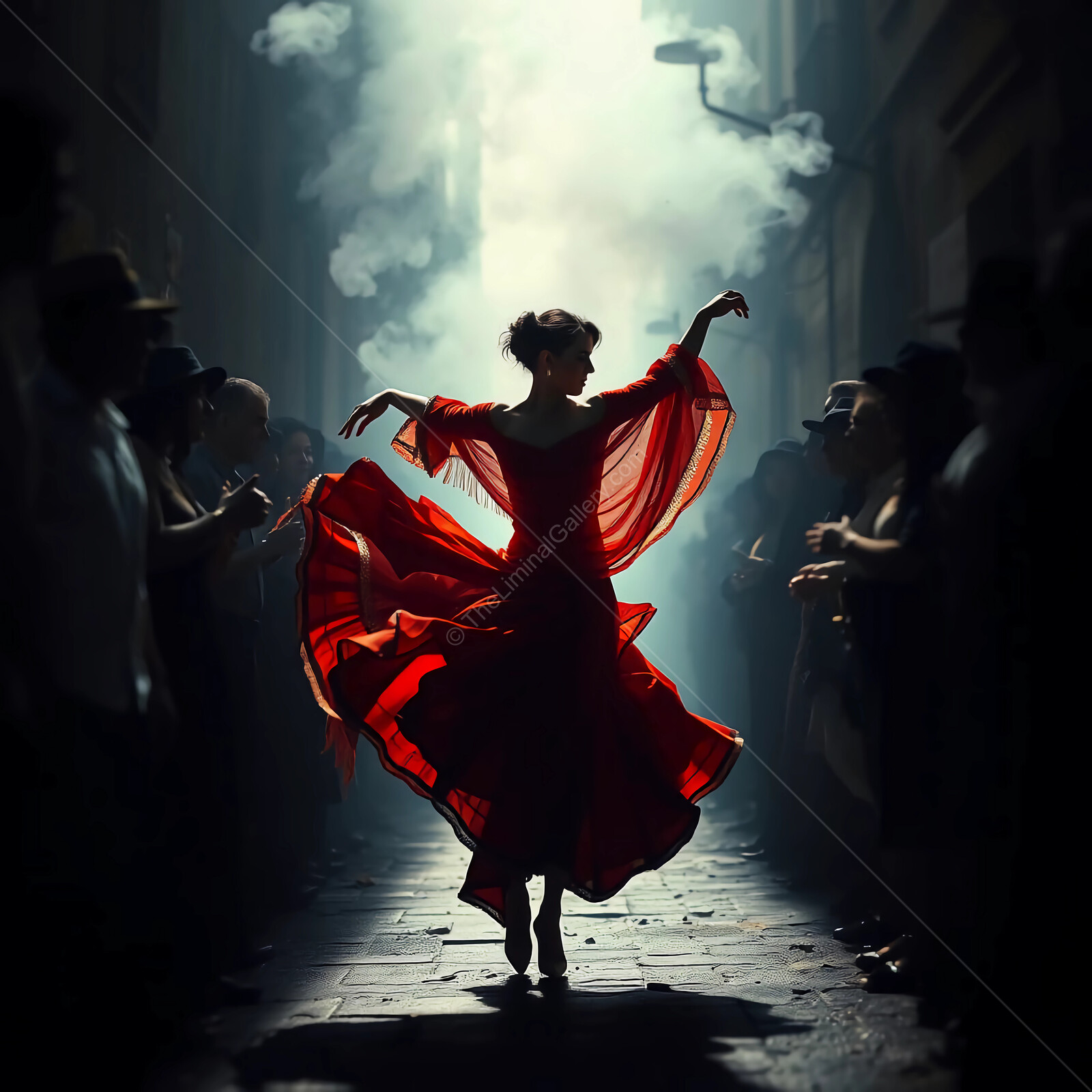 Graceful Flamenco dancer in a dramatic alley performance, surrounded by an enthralled audience at twilight