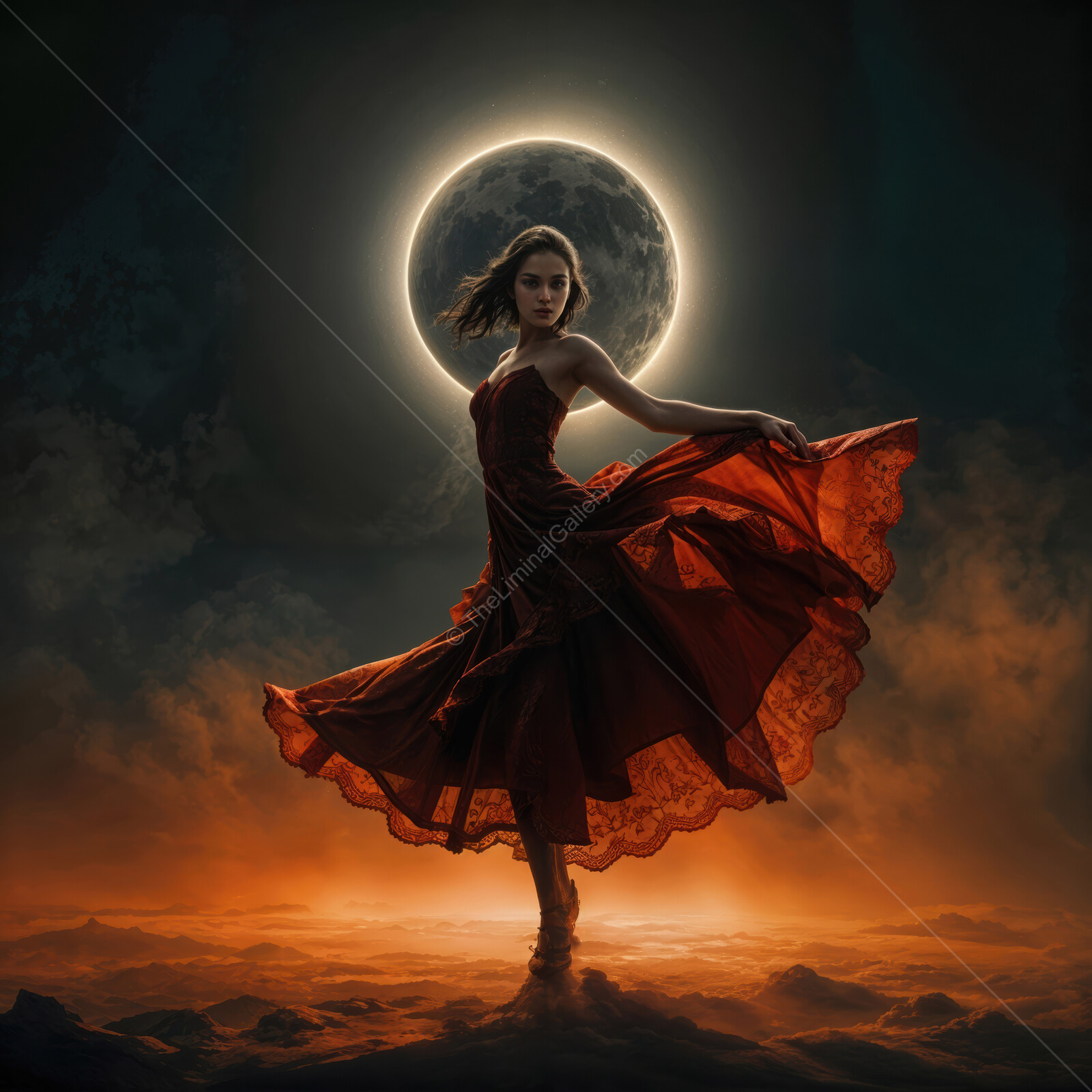 Elegant Flamenco dancer swirls vibrant gown in front of a stunning eclipse backdrop at twilight
