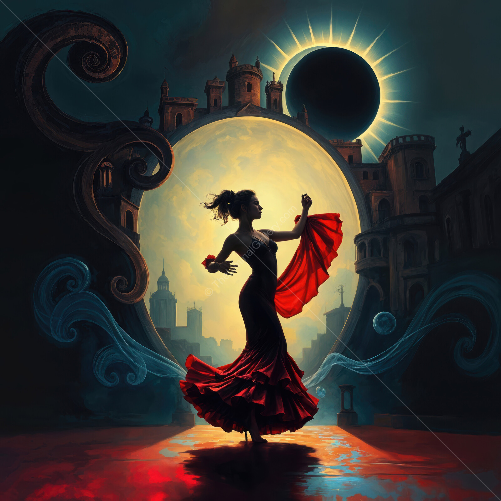 Flamenco dancer in red twirls elegantly under the eclipse, blending beauty and mystery in a mesmerizing twilight setting
