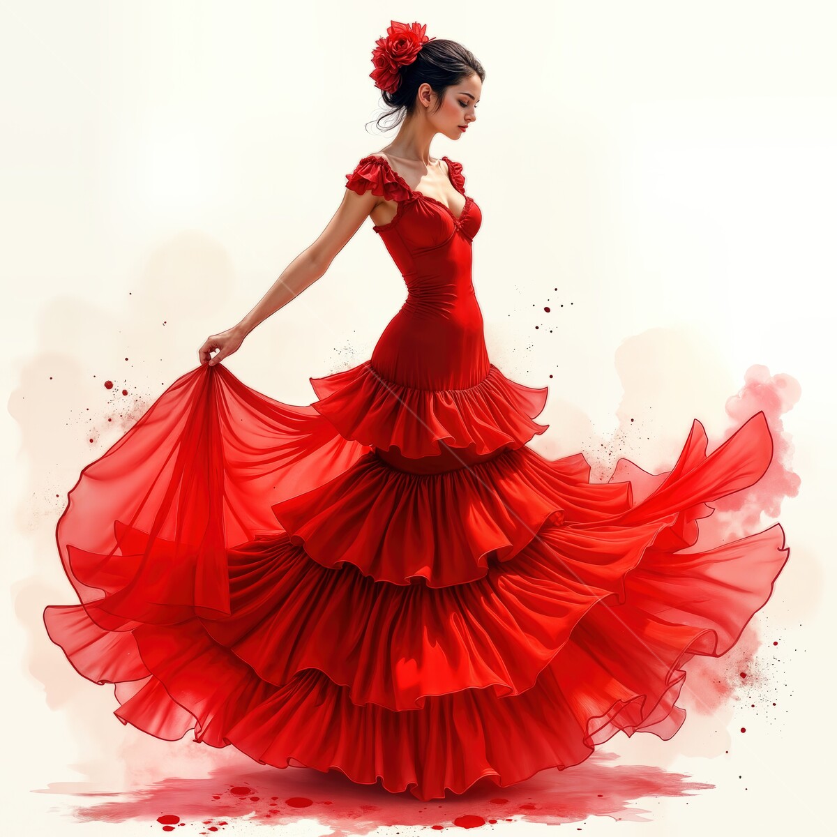 Elegant flamenco dancer in vibrant red gown twirls gracefully amidst soft watercolor backdrop, capturing the spirit of Spanish passion and artistry
