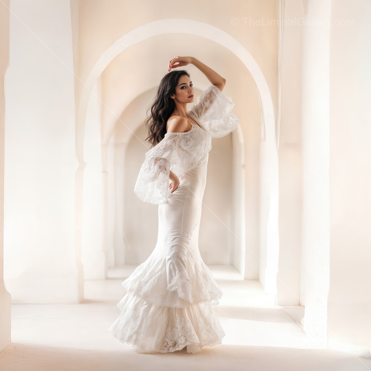 Elegant flamenco dancer in a serene liminal space expresses passion and grace through movement and light