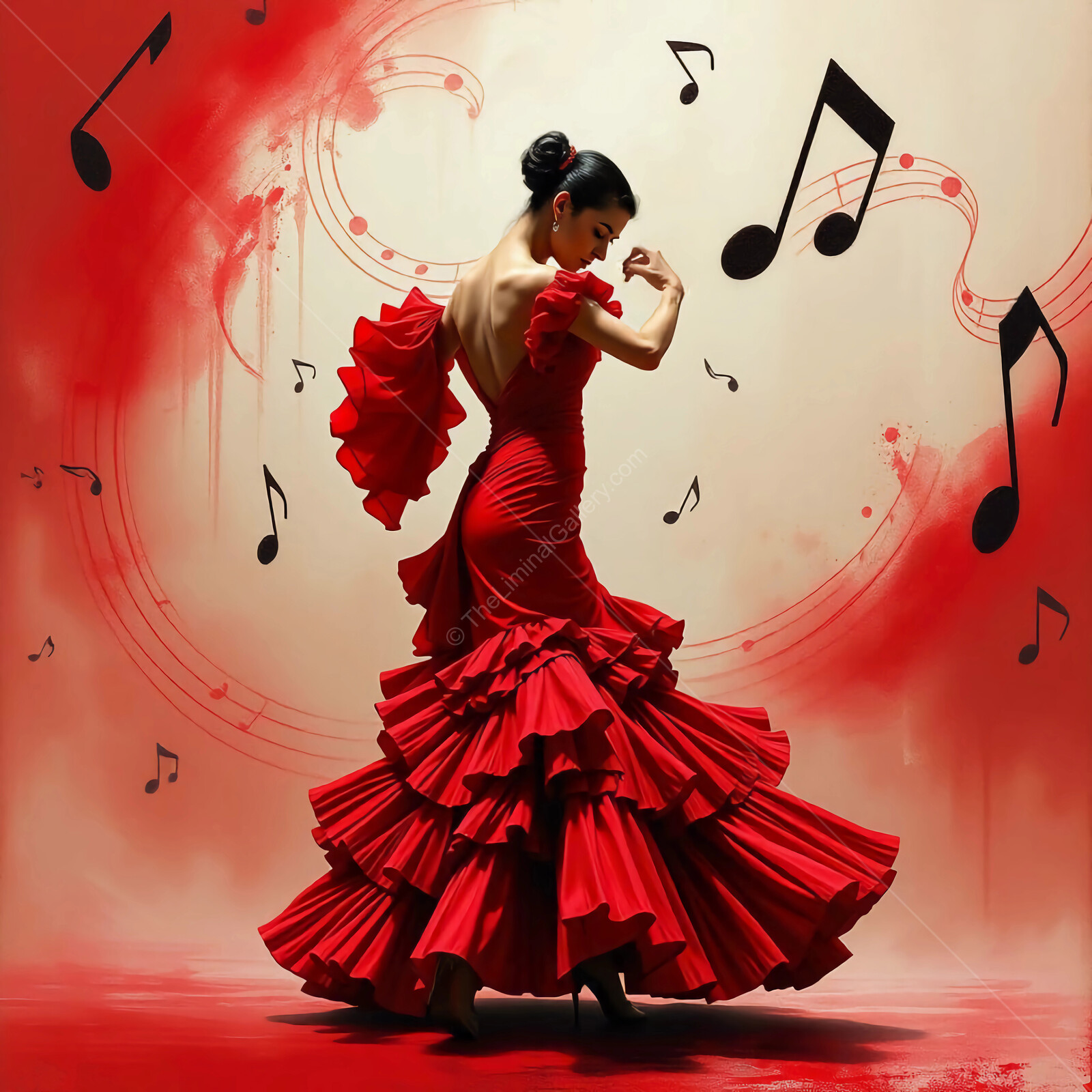 Elegant Flamenco dancer in vibrant red gown captivates with passion and rhythm against musical backdrop