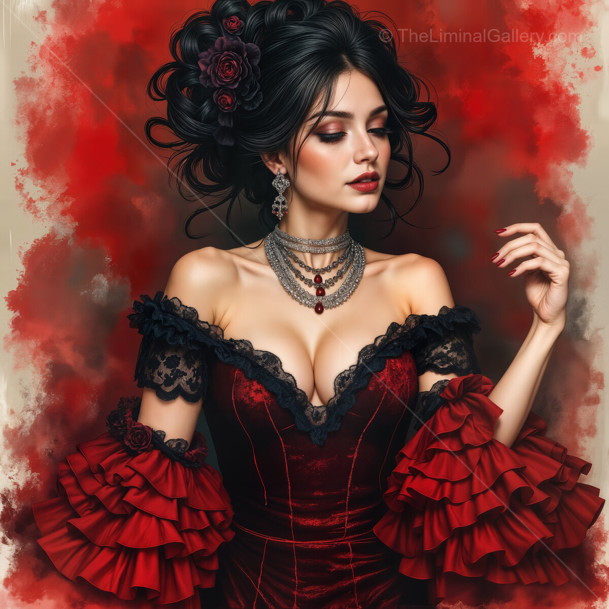 Flamenco dancer in a vibrant red dress showcases passion and elegance against a rich watercolor background