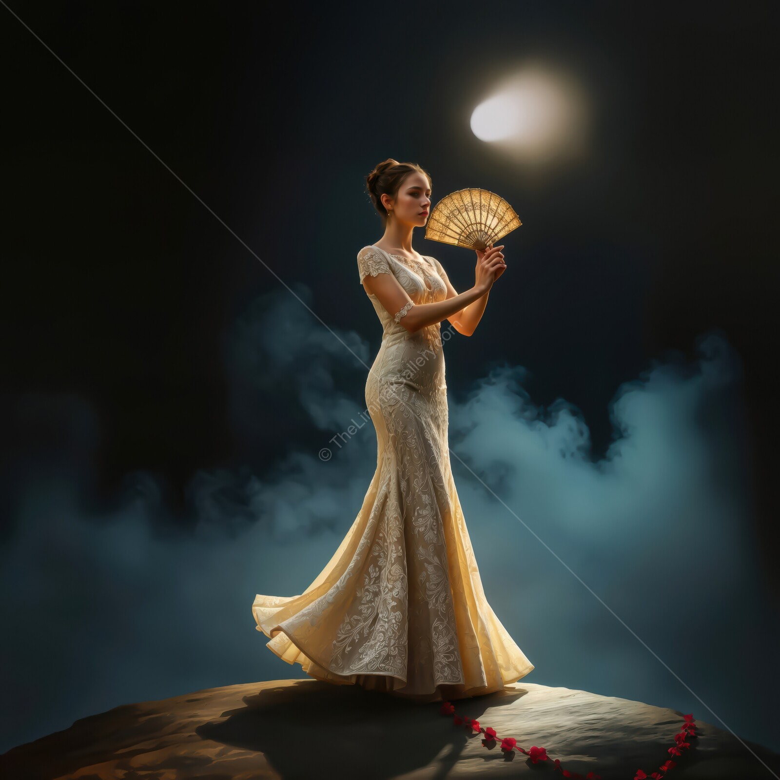 Ethereal elegance under a celestial eclipse with a graceful figure