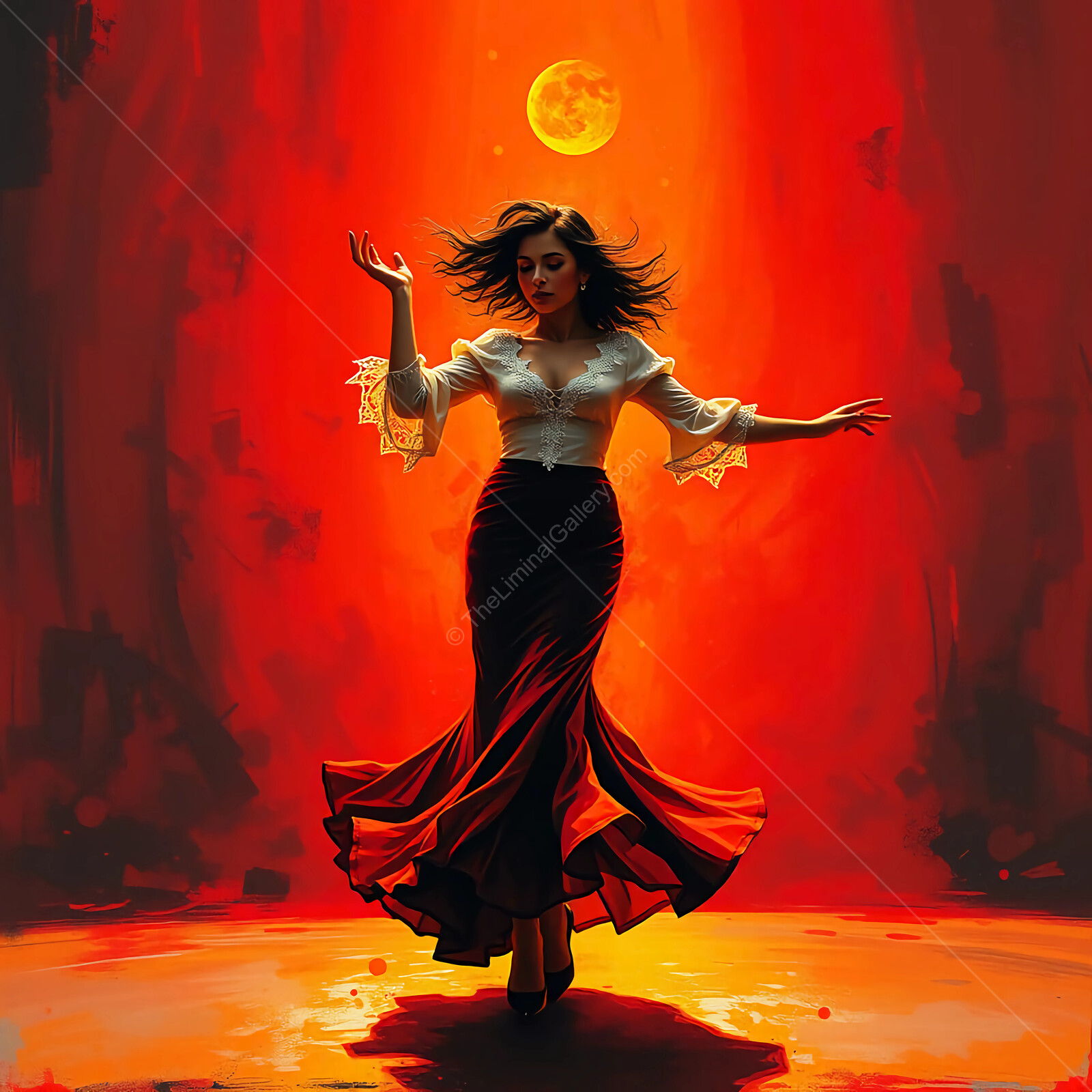 Dance of the fiery moon illuminated by an enchanting figure in a dramatic red setting