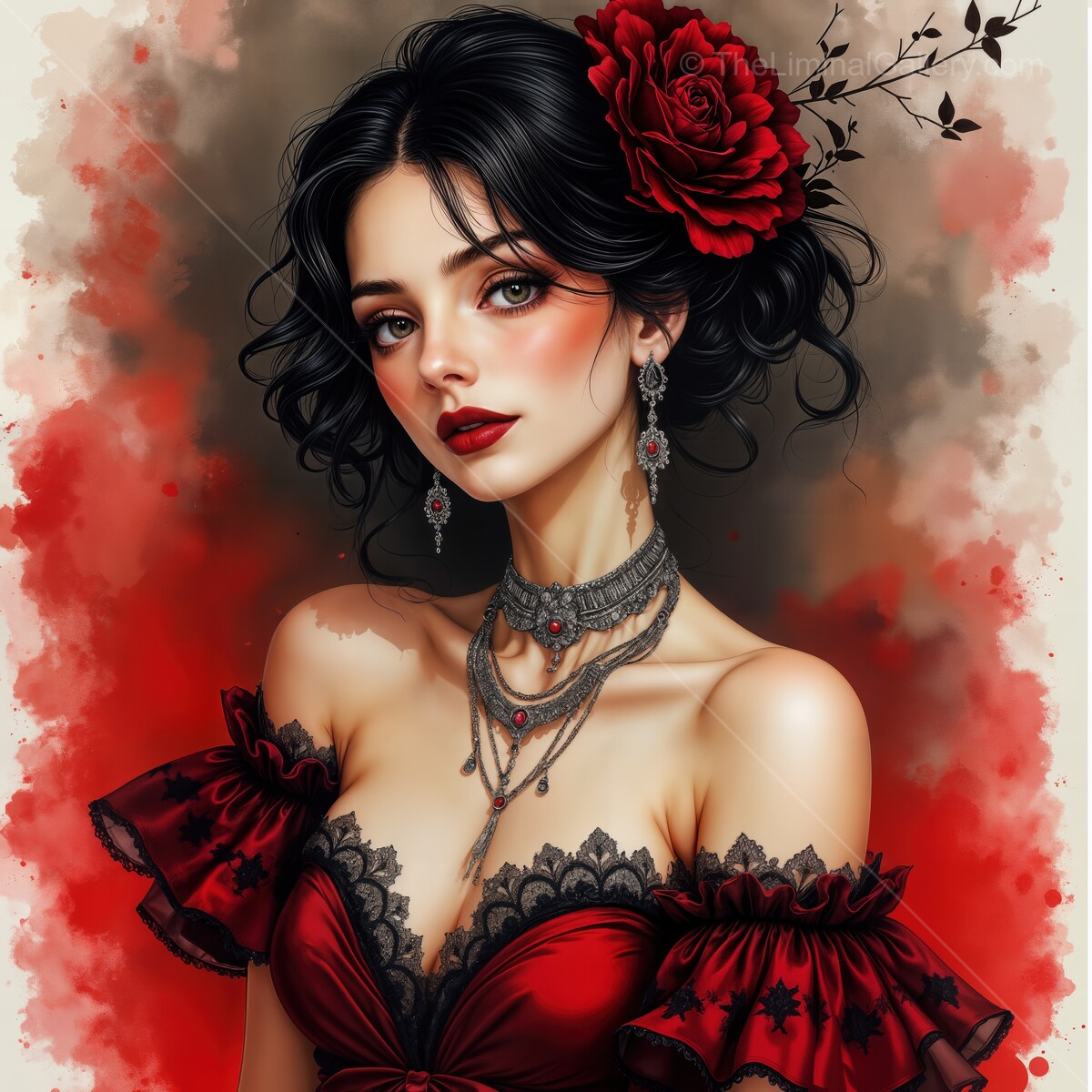 Captivating flamenco dancer adorned in vibrant red, showcasing passion and grace through watercolored elegance