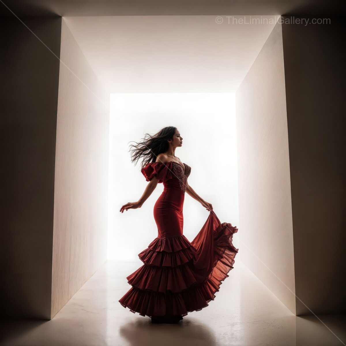 Flamenco dancer in a liminal space expressing passion and artistry through movement and graceful dress